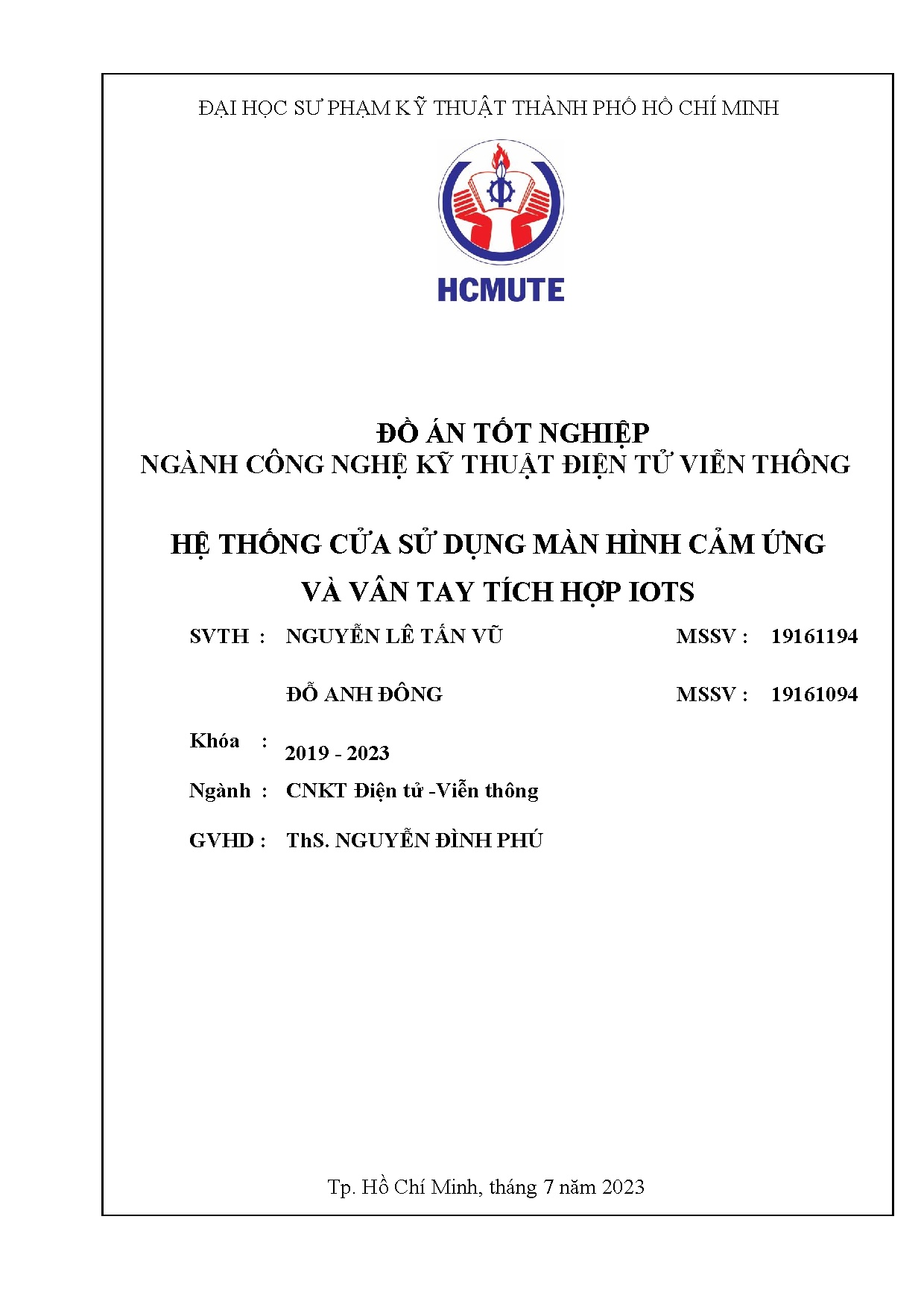 Đồ án tốt nghiệp - Hệ thống cửa khóa sử dụng màn hình cảm ứng và vân tay tích hợp Iots