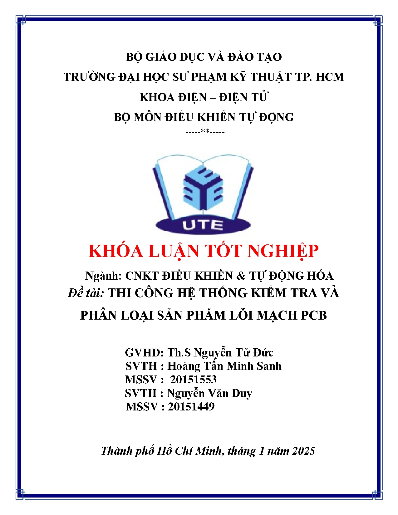 Đồ án tốt nghiệp - Thi công hệ thống kiểm tra và phân loại sản phẩm lỗi mạch PCB