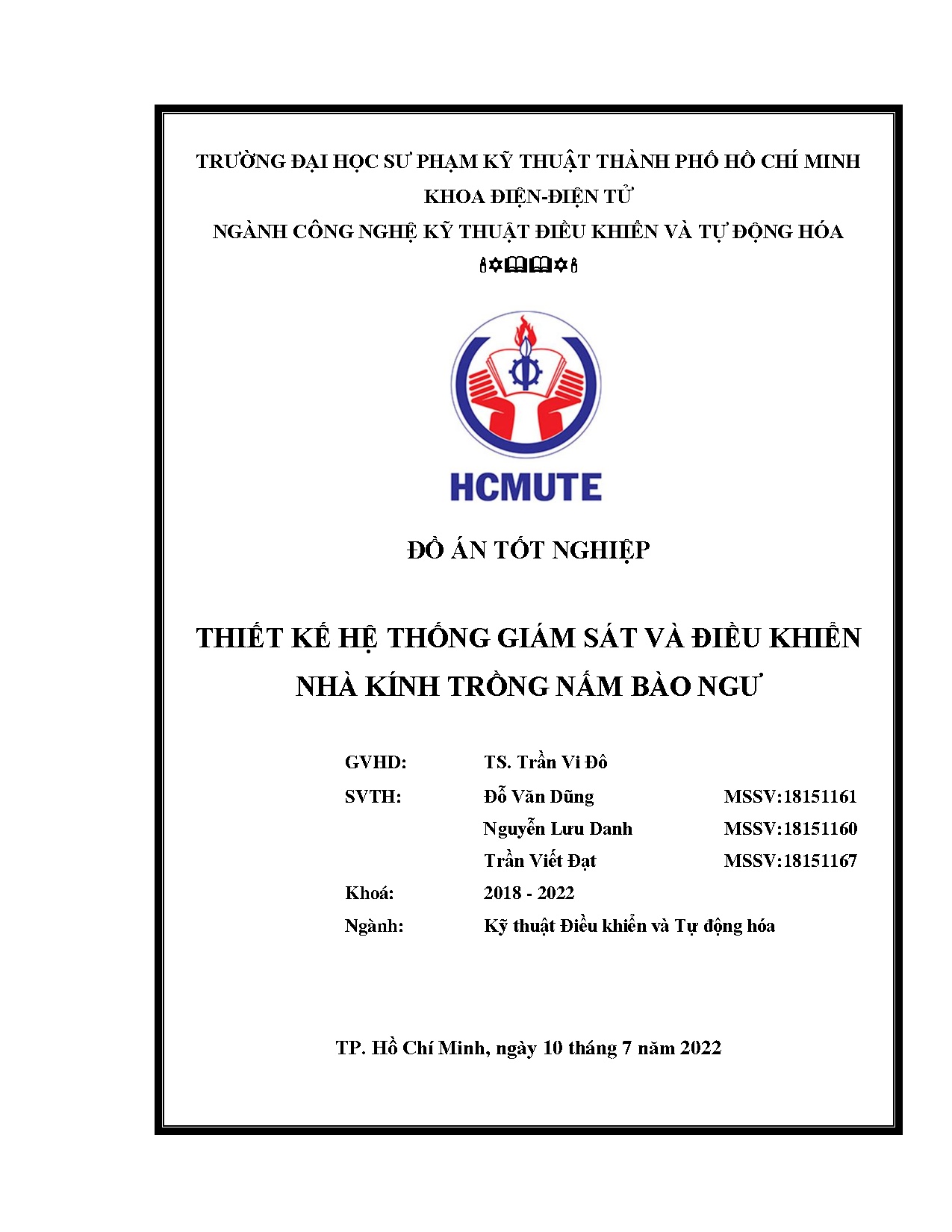 Đồ án tốt nghiệp - Thiết kế hệ thống giám sát và điều khiển nhà kính trồng nấm bào ngư