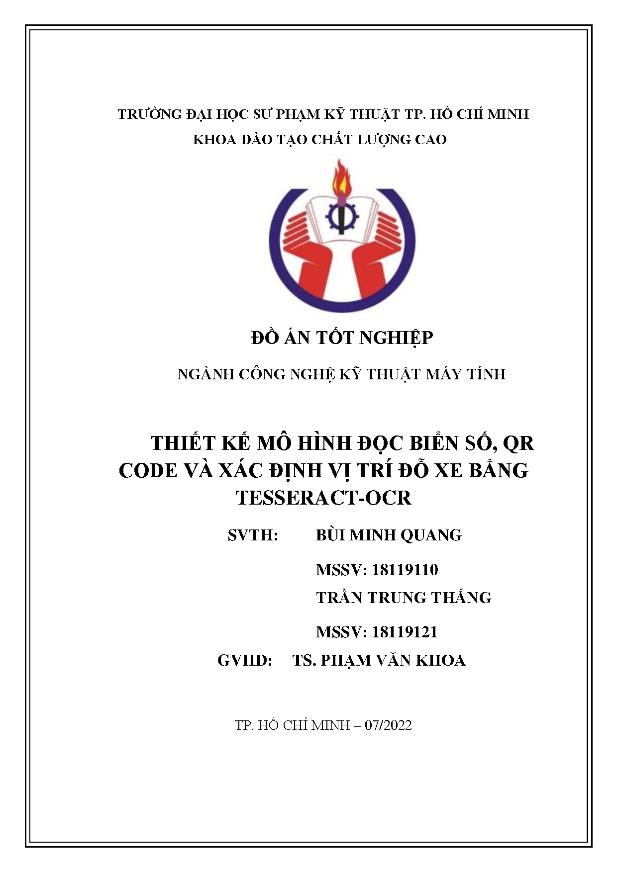 Đồ án tốt nghiệp - Thiết kế mô hình đọc biển số, QR Code và xác định vị trí đỗ xe bằng Tesseract - O