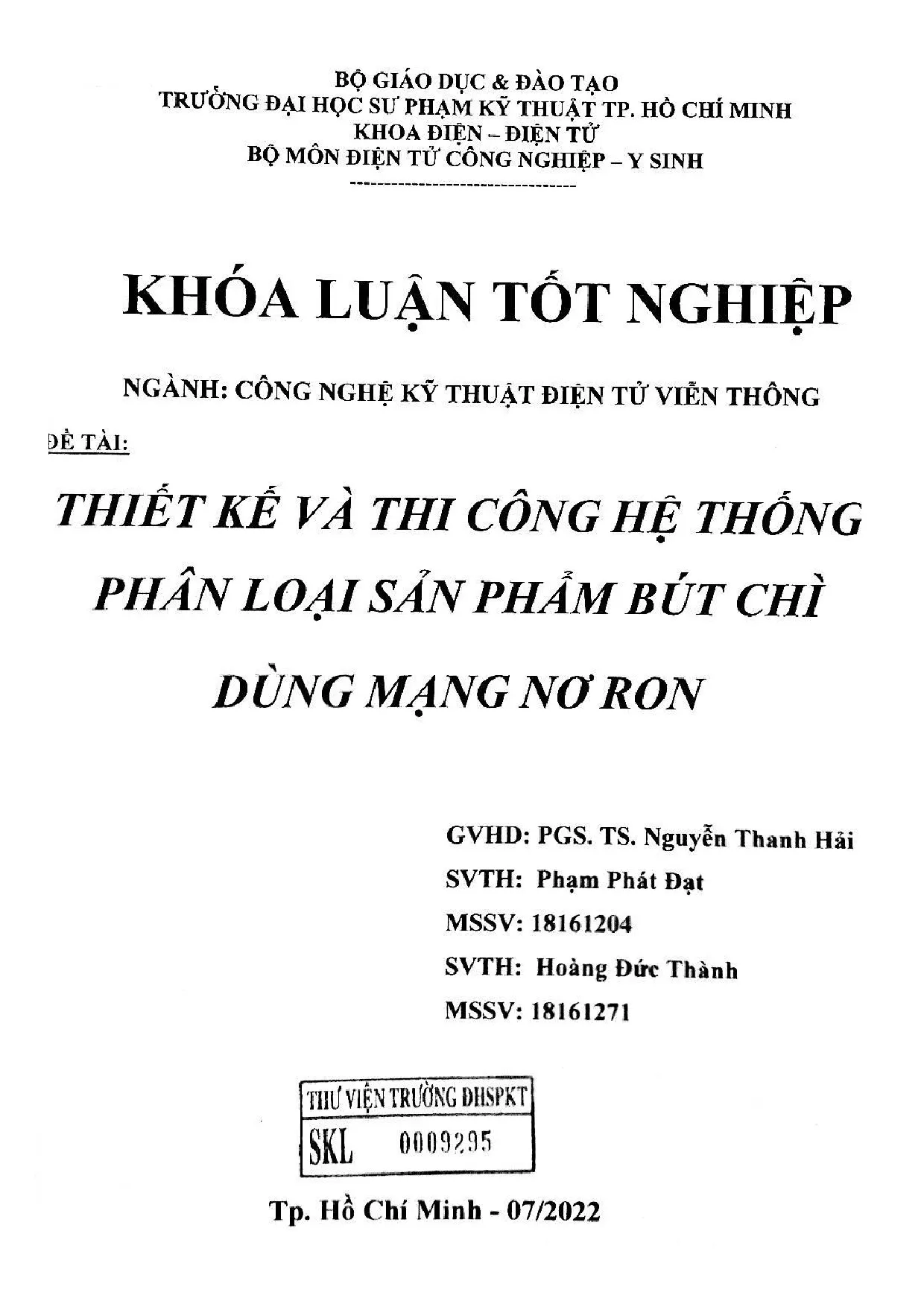 Đồ án tốt nghiệp - Thiết kế và thi công hệ thống phân loại sản phẩm bút chì dùng mạng Nơ ron