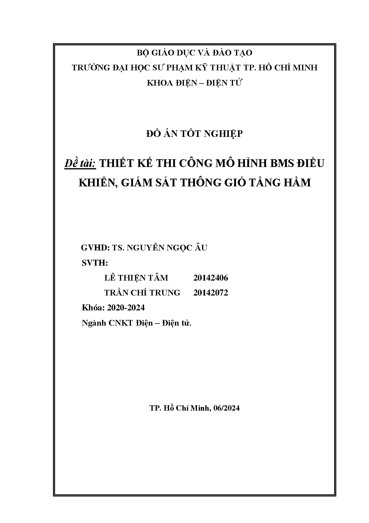 Đồ án tốt nghiệp - Thiết kế thi công mô hình BMS điều khiển, giám sát thông gió tầng hầm