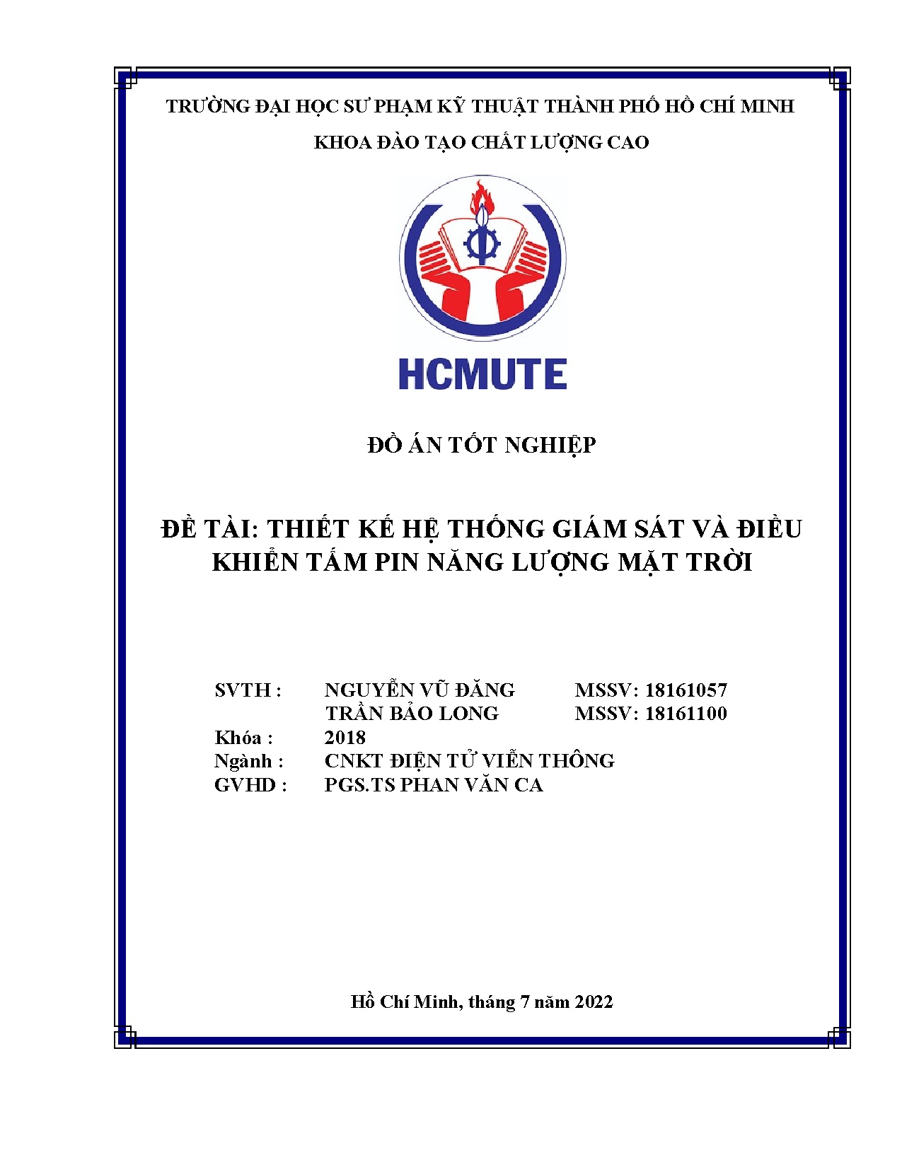 Đồ án tốt nghiệp - Thiết kế hệ thống giám sát và điều khiển tấm pin năng LMTĐÁTNKCLCNCNKTĐT - VT