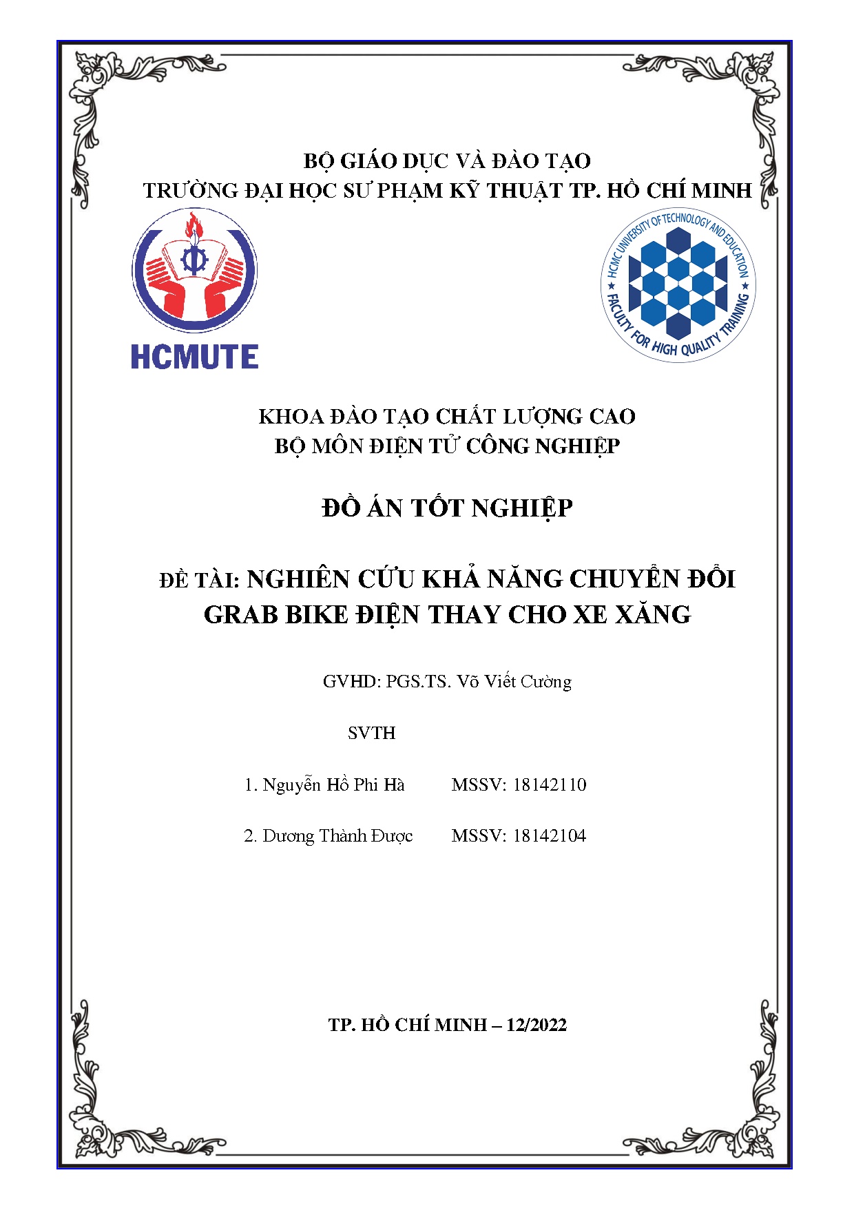 Đồ án tốt nghiệp - Nghiên cứu khả năng chuyển đổi Grab Bike điện thay cho xe xăng