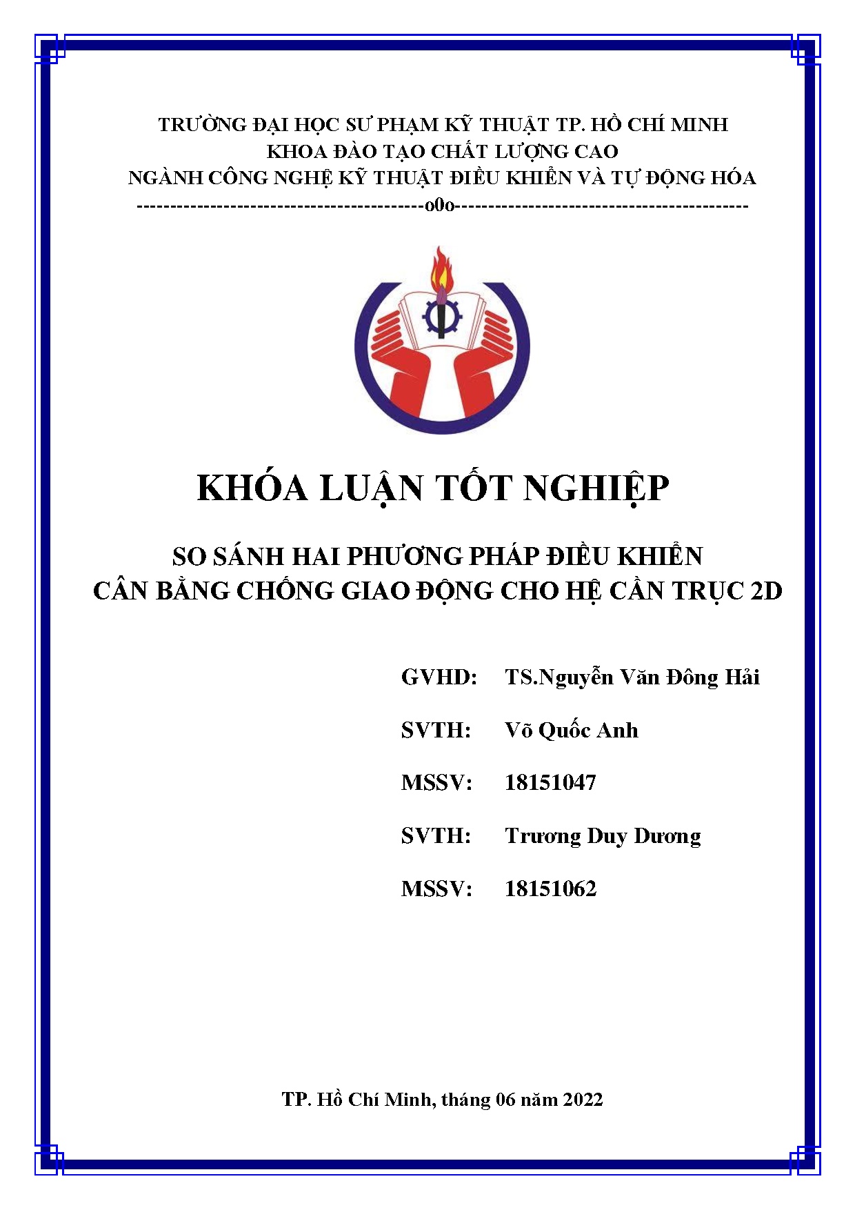 Đồ án tốt nghiệp - So sánh hai phương pháp điều khiển cân bằng chống giao động cho hệ cần trục 2D