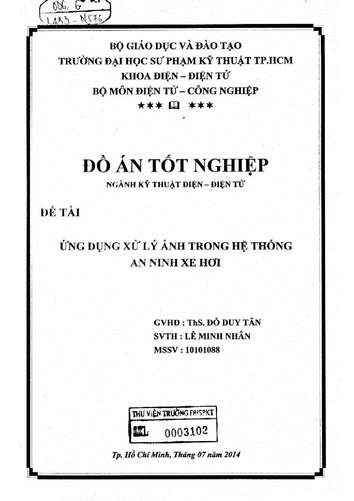 Đồ án tốt nghiệp - Ứng dụng xử lý ảnh trong hệ thống an ninh xe hơi
