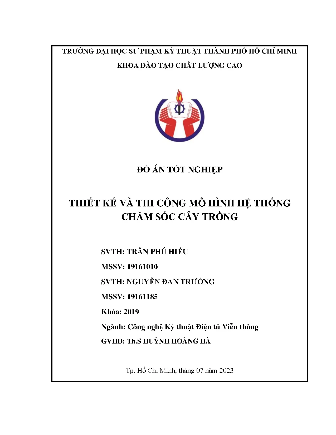 Đồ án tốt nghiệp - Thiết kế và thi công mô hình hệ thống chăm sóc cây trồng