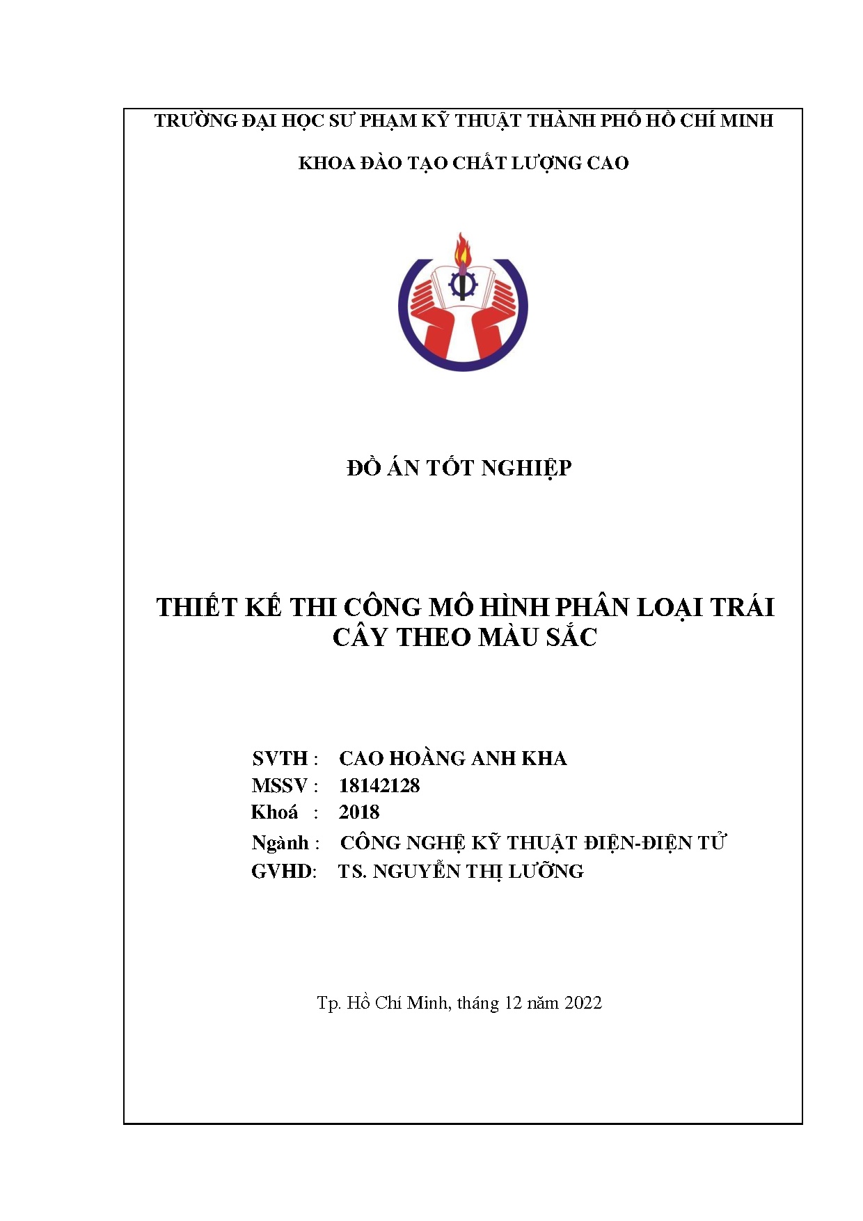 Đồ án tốt nghiệp - Thiết kế thi công mô hình phân loại trái cây theo màu sắc