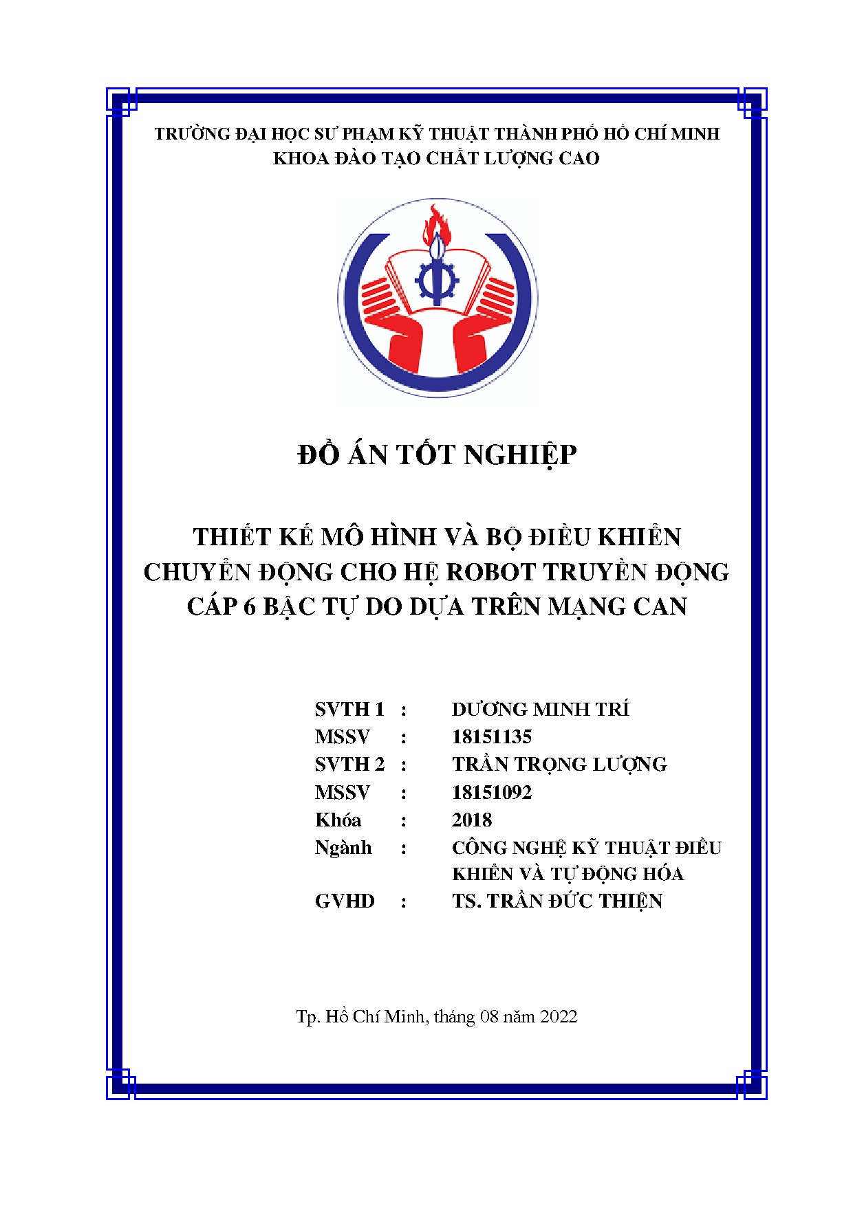 Đồ án tốt nghiệp - Thiết kế mô hình và bộ điều khiển chuyển động cho hệ robot truyền ĐC 6 BTDDTMC