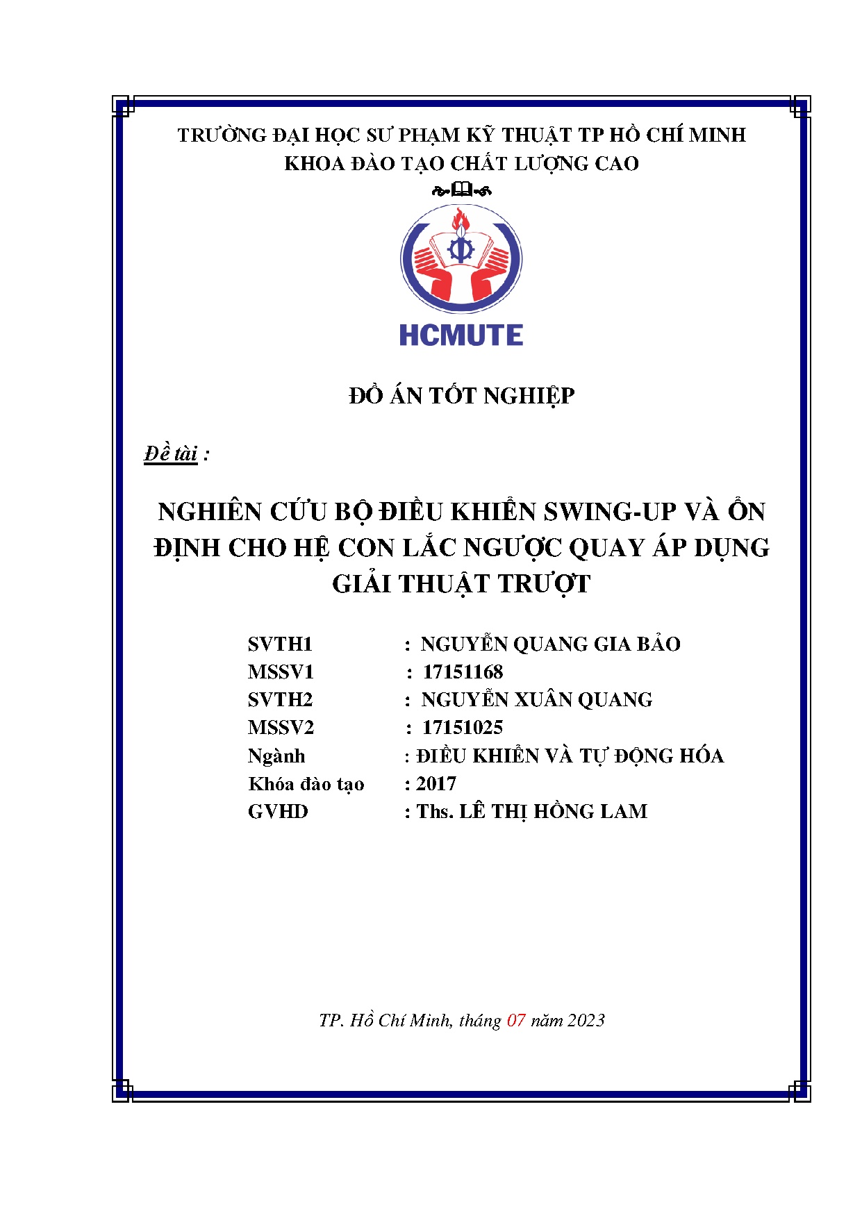 Đồ án tốt nghiệp - Nghiên cứu bộ điều khiển Swing-up và ổn định cho hệ con lắc ngược quay áp DGTT