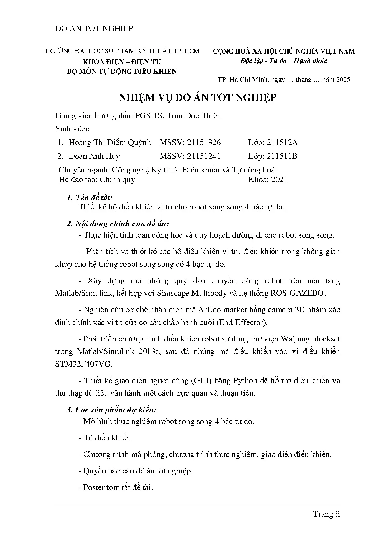 Đồ án tốt nghiệp - Thiết kế bộ điều khiển vị trí cho robot song song 4 bậc tự do - Trang 4