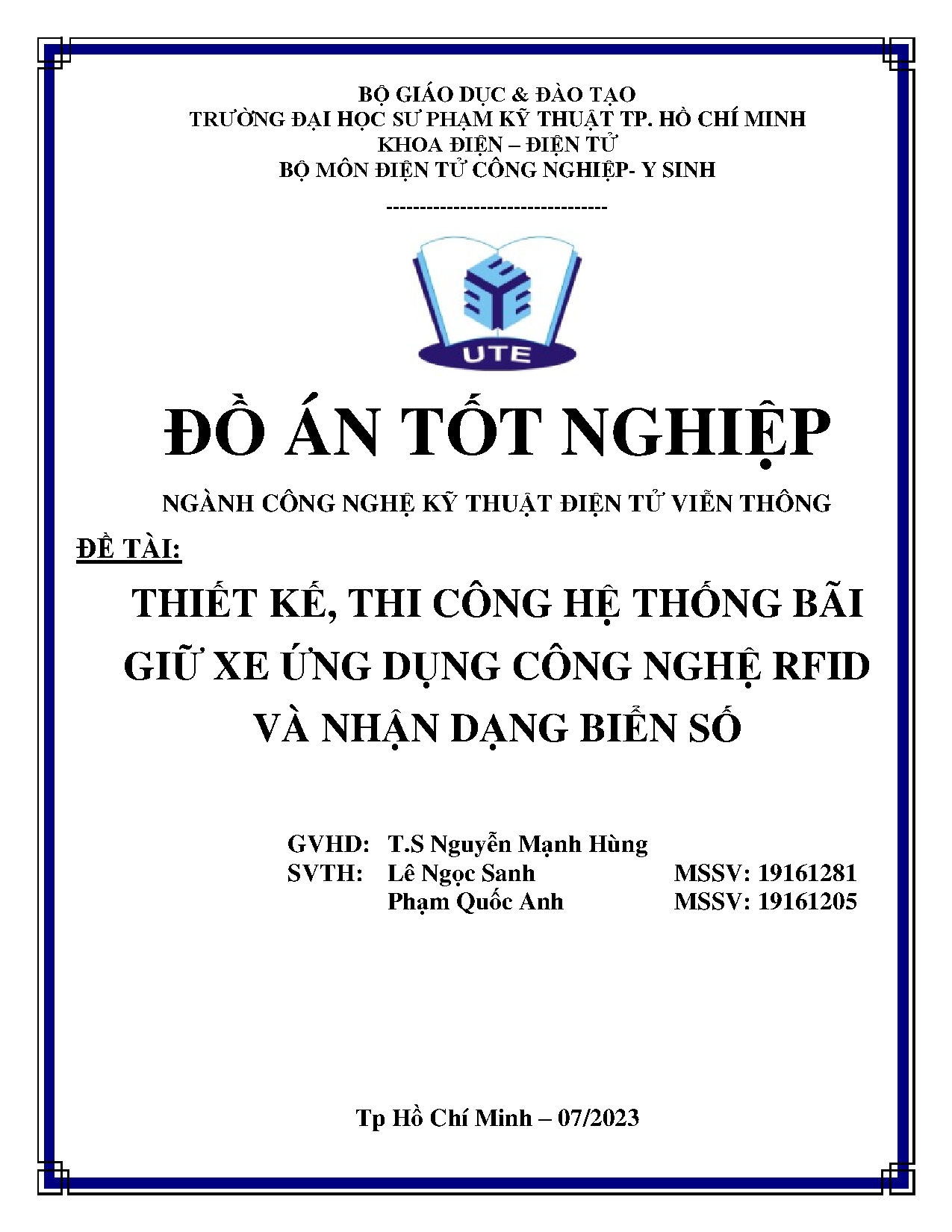 Đồ án tốt nghiệp - Thiết kế, thi công hệ thống bãi xe ứng dụng công nghệ RFID và nhận dạng biển số