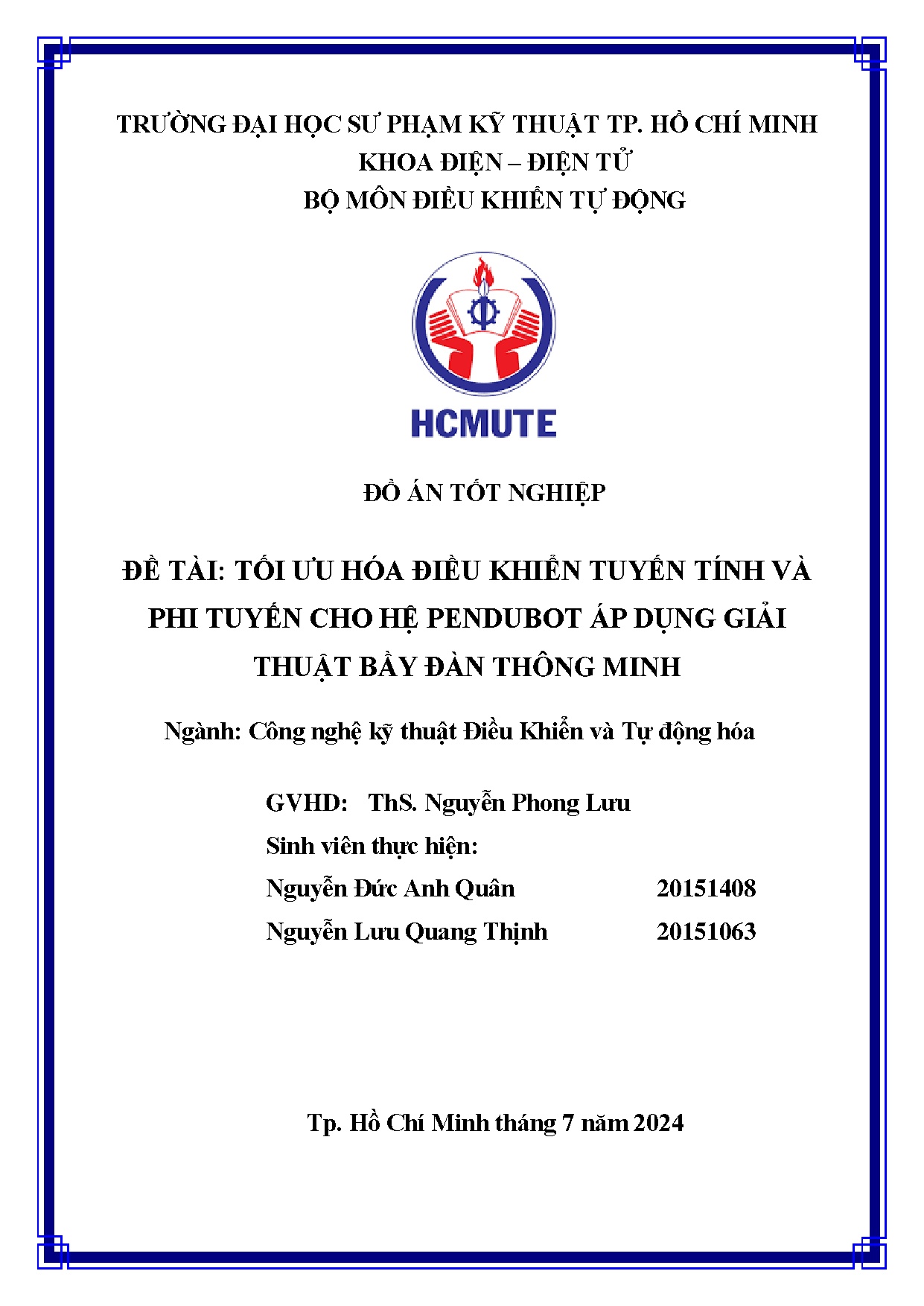 Đồ án tốt nghiệp - Tối ưu hóa điều khiển tuyến tính và phi tuyến cho hệ Pendubot áp dụng giải TBĐTM