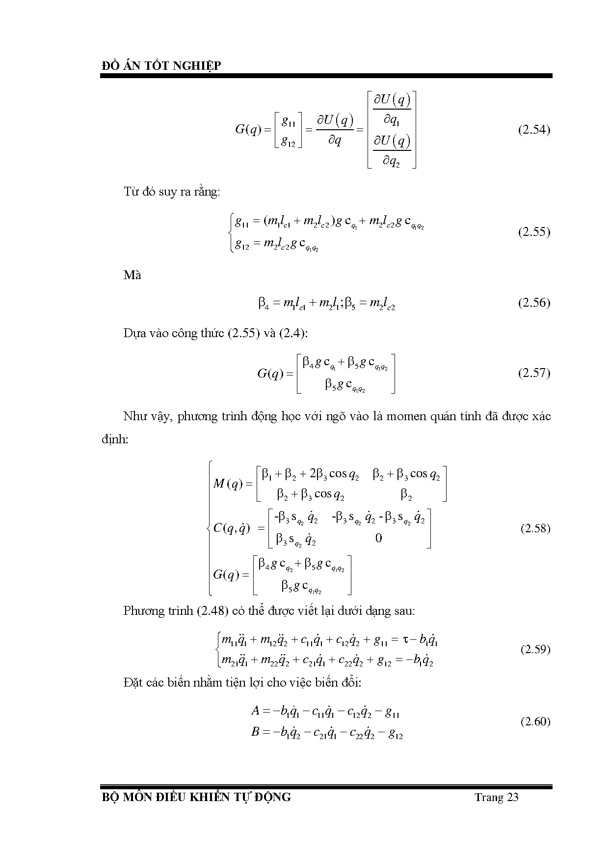 Đồ án tốt nghiệp - Tối ưu hóa điều khiển tuyến tính và phi tuyến cho hệ Pendubot áp dụng giải TBĐTM - Trang 52