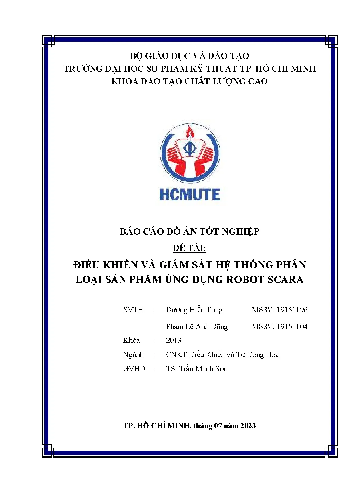 Đồ án tốt nghiệp - Điều khiển và giám sát hệ thống phân loại sản phẩm ứng dụng robot scara