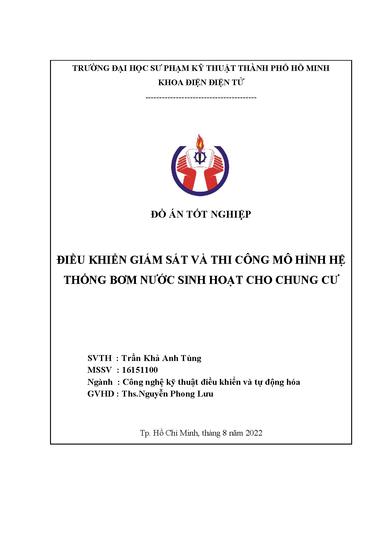 Đồ án tốt nghiệp - Điều khiển giám sát và thi công mô hình hệ thống bơm nước sinh hoạt cho chung cư