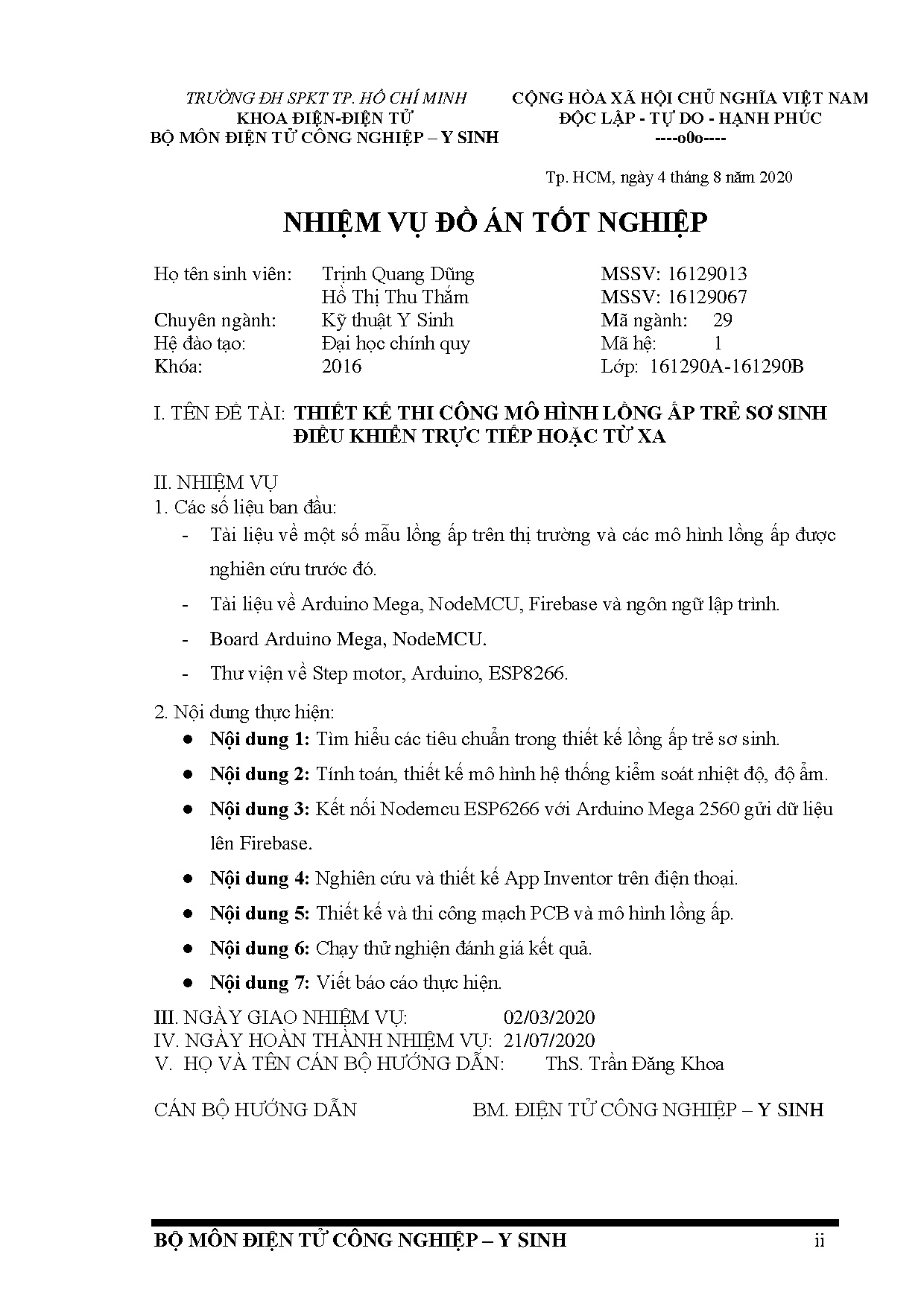 Đồ án tốt nghiệp - Thiết kế thi công mô hình lồng ấp trẻ sơ sinh điều khiển trực tiếp hoặc từ xa