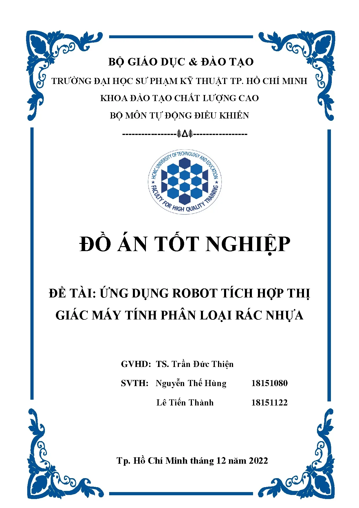 Đồ án tốt nghiệp - Ứng dụng robot tích hợp thị giác máy tính phân loại rác nhựa