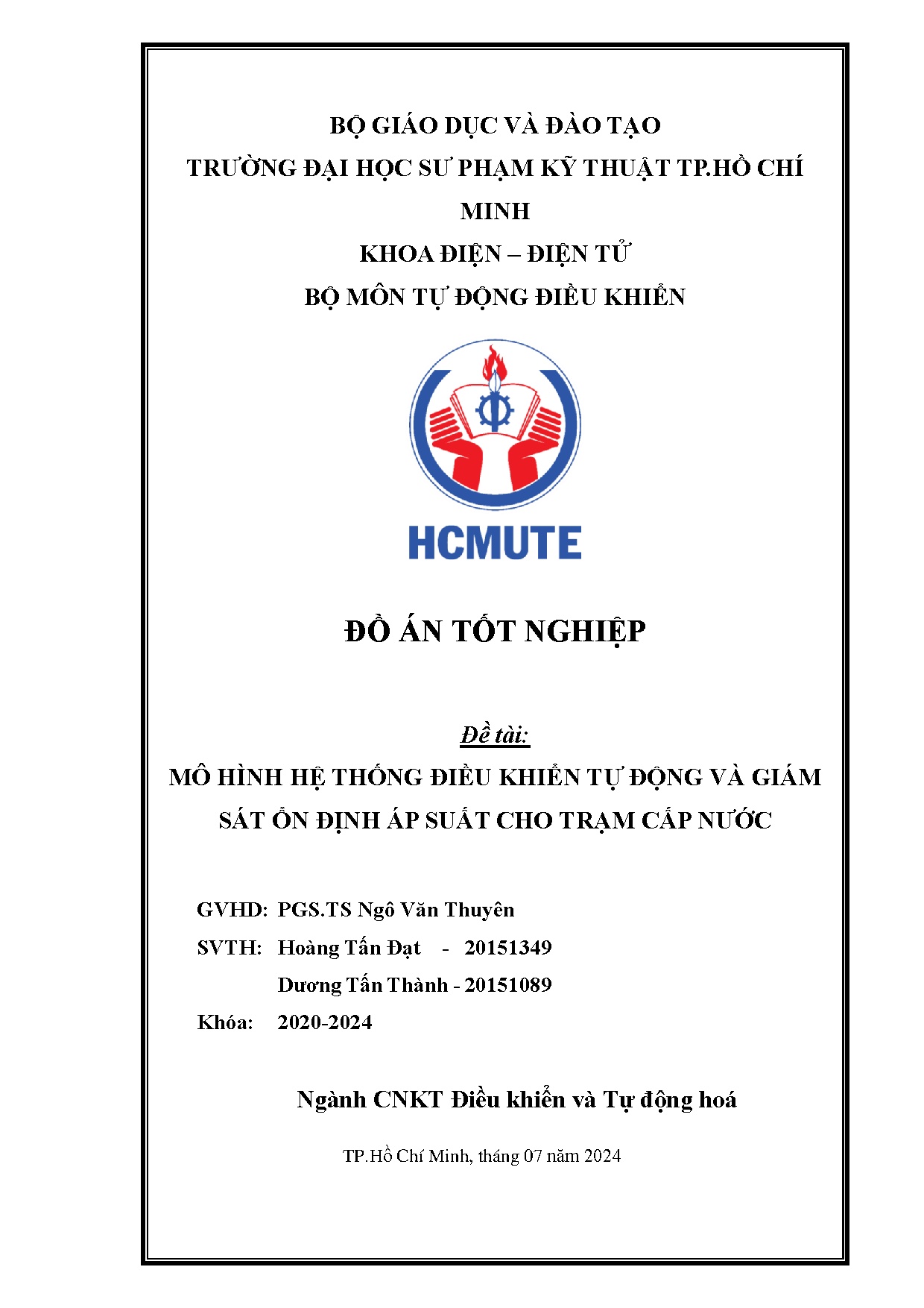 Đồ án tốt nghiệp - Mô hình hệ thống điều khiển tự động và giám sát ổn định áp suất cho trạm cấp nước