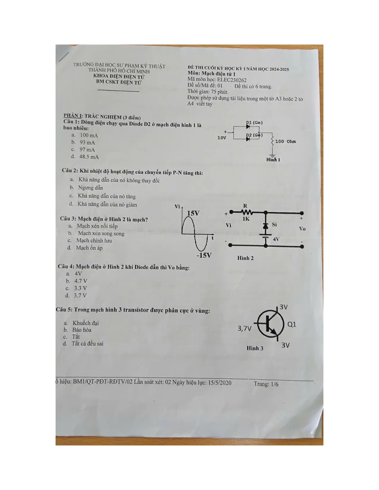 ĐỀ 3 mạch điện tử 1