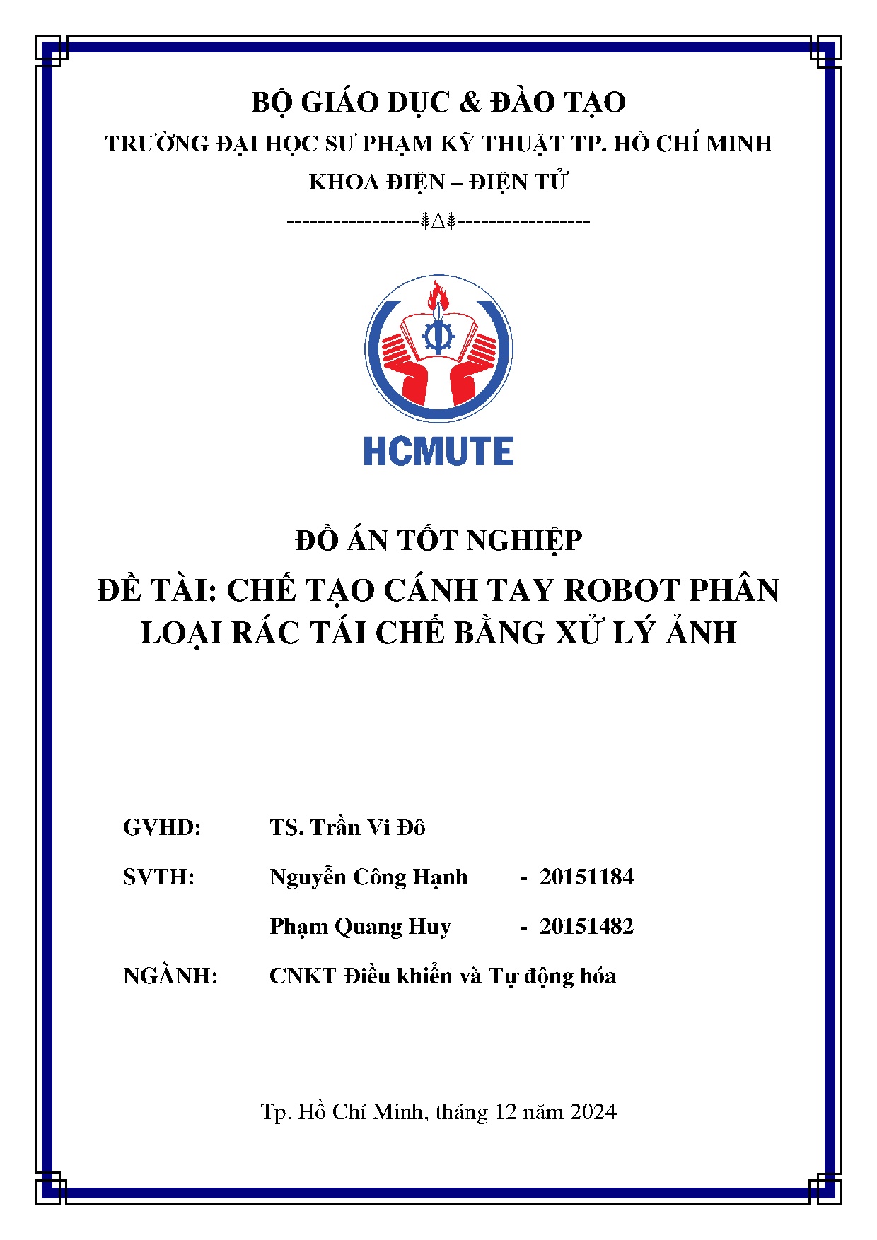 Đồ án tốt nghiệp - Chế tạo cánh tay Robot phân loại rác tái chế bằng xử lý ảnh