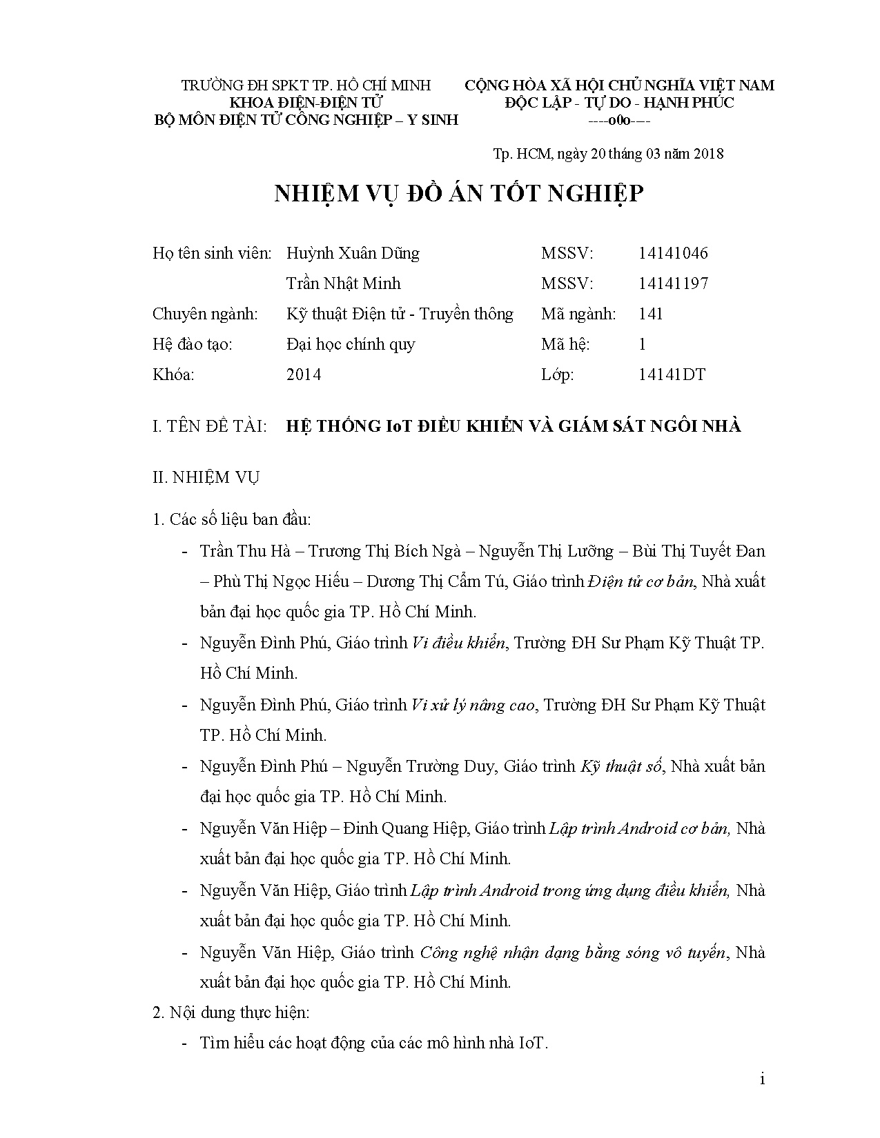 Đồ án tốt nghiệp - Hệ thống IoT điều khiển và giám sát ngôi nhà