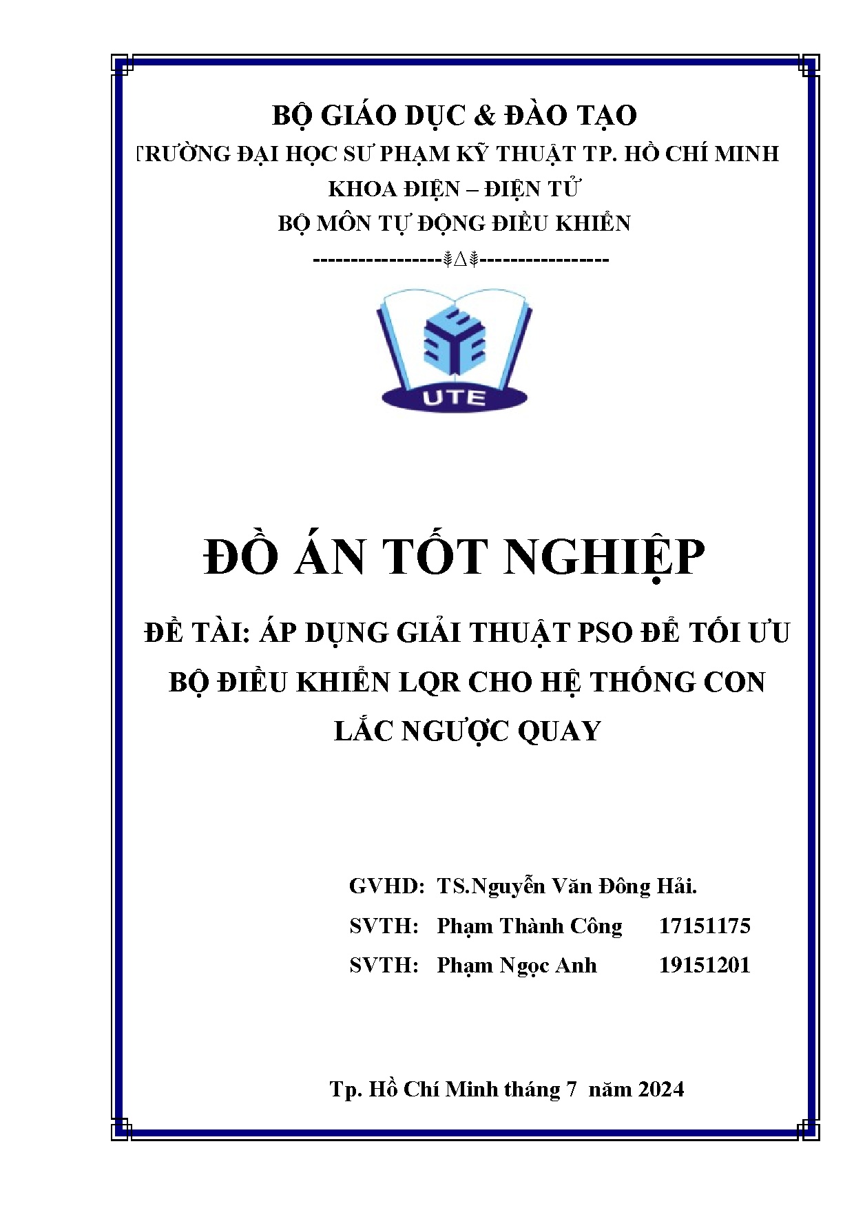 Đồ án tốt nghiệp - Áp dụng giải thuật PSO để tối ưu bộ điều khiển LQR cho hệ thống con lắc ngược Q