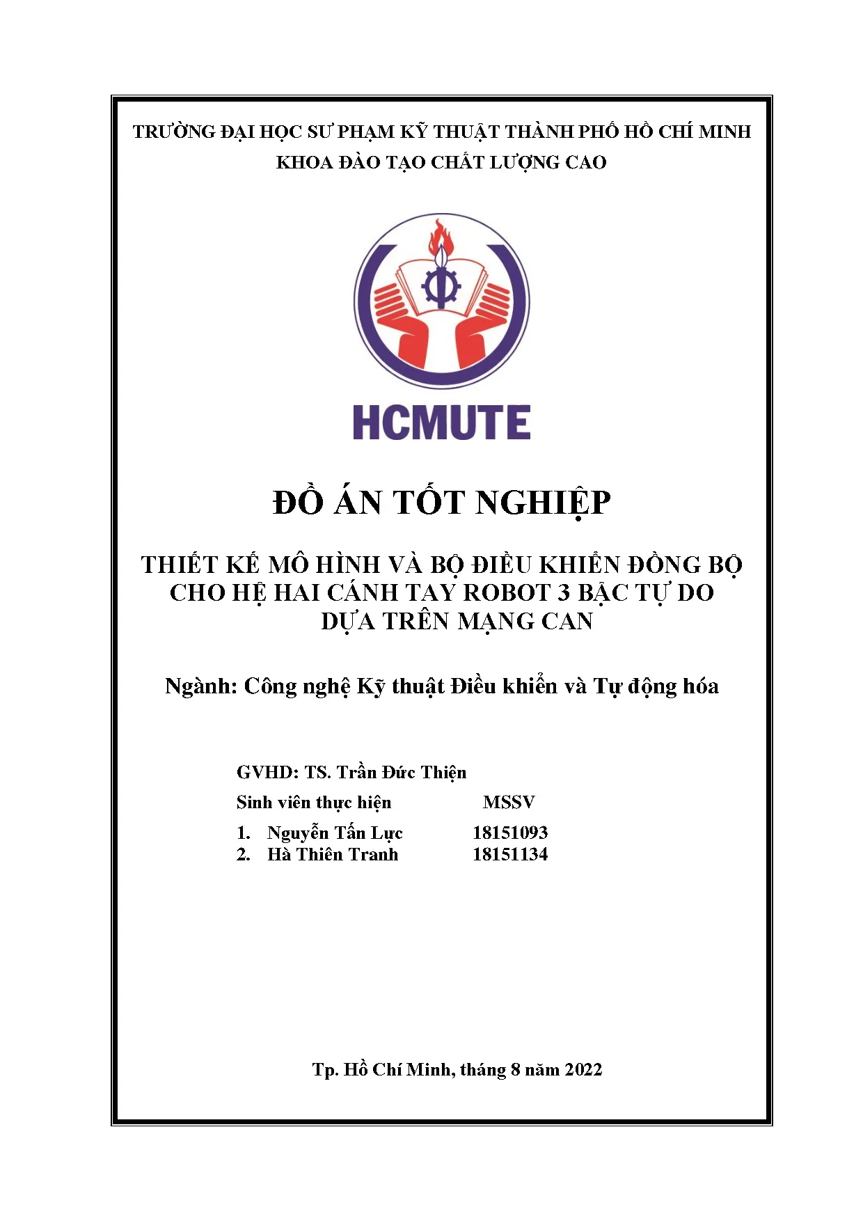 Đồ án tốt nghiệp - Thiết kế mô hình và bộ điều khiển đồng bộ cho HHCTR 3 BTDDTMCĐÁTNKCLCNCNKTĐKVTĐH