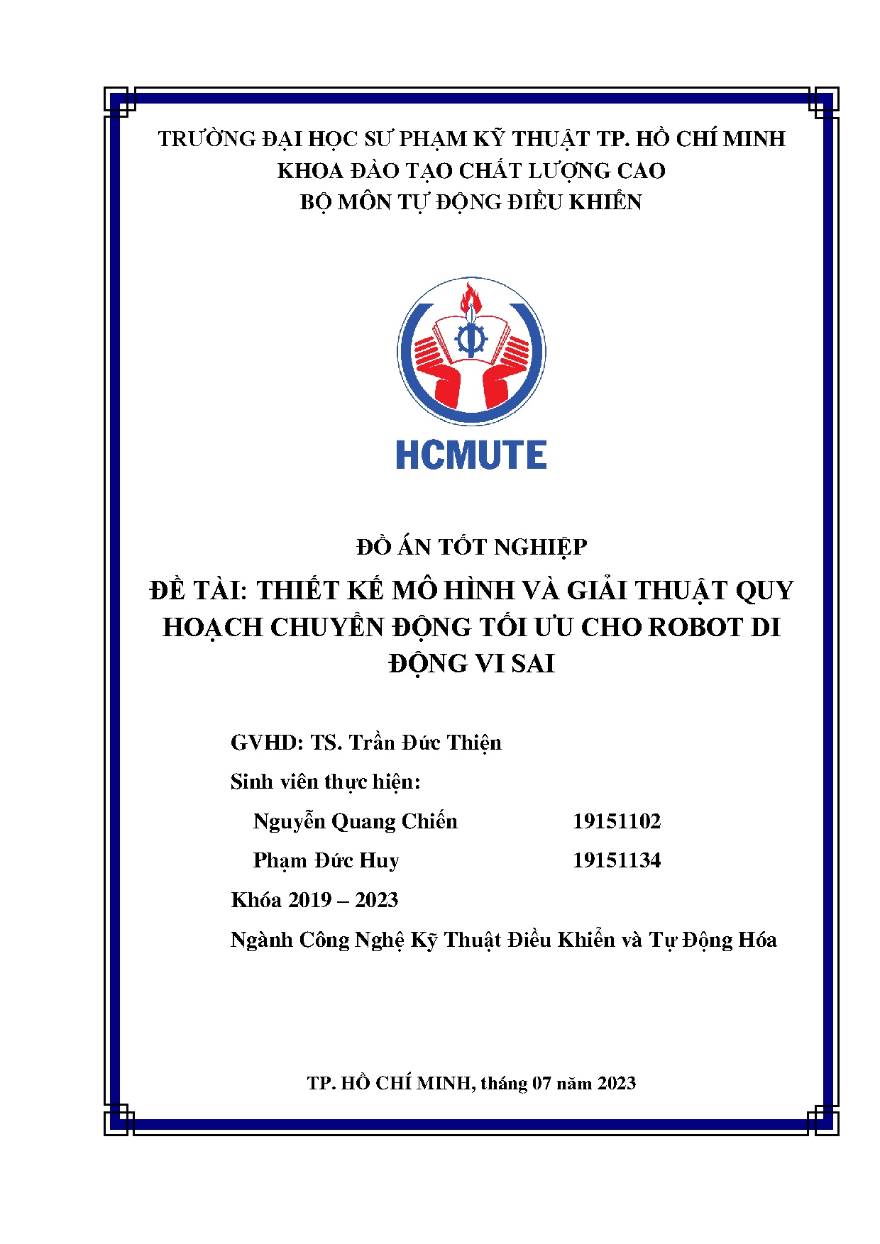 Đồ án tốt nghiệp - Thiết kế mô hình và giải thuật quy hoạch chuyển động tối ưu cho robot di động VS