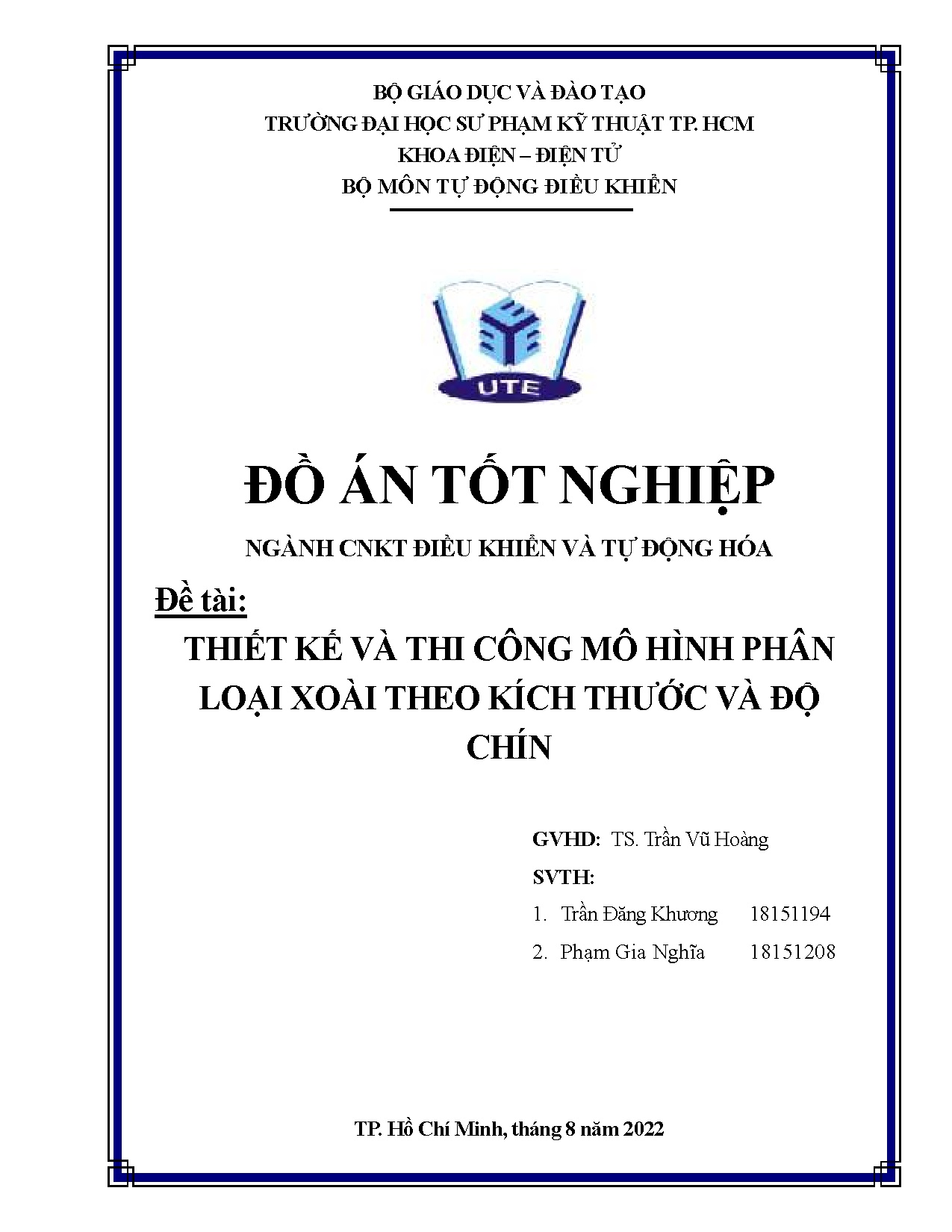 Đồ án tốt nghiệp - Thiết kế và thi công mô hình phân loại xoài theo kích thước và độ chín