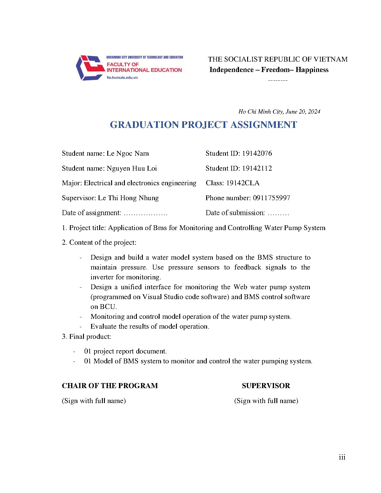 Đồ án tốt nghiệp - Application of BMS for monitoring and controlling water pump system