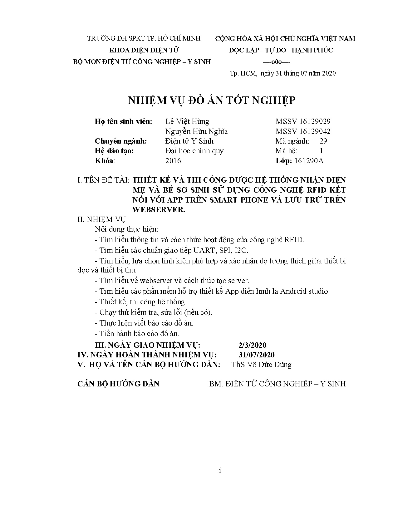 Đồ án tốt nghiệp - Thiết kế và thi công được hệ thống nhận diện mẹ và bé sơ sinh sử dụng CNRKNVATS .
