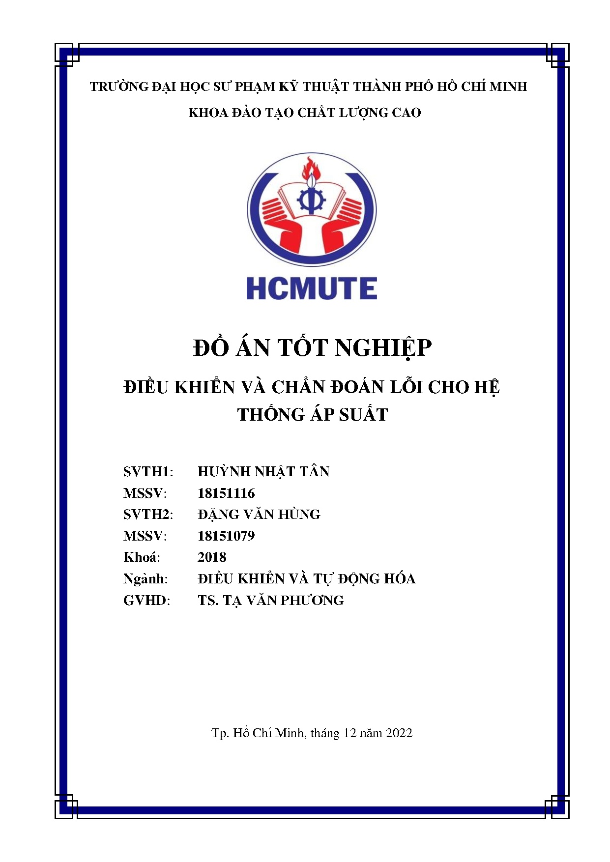 Đồ án tốt nghiệp - Điều khiển và chuẩn đoán lỗi cho hệ thống áp suất