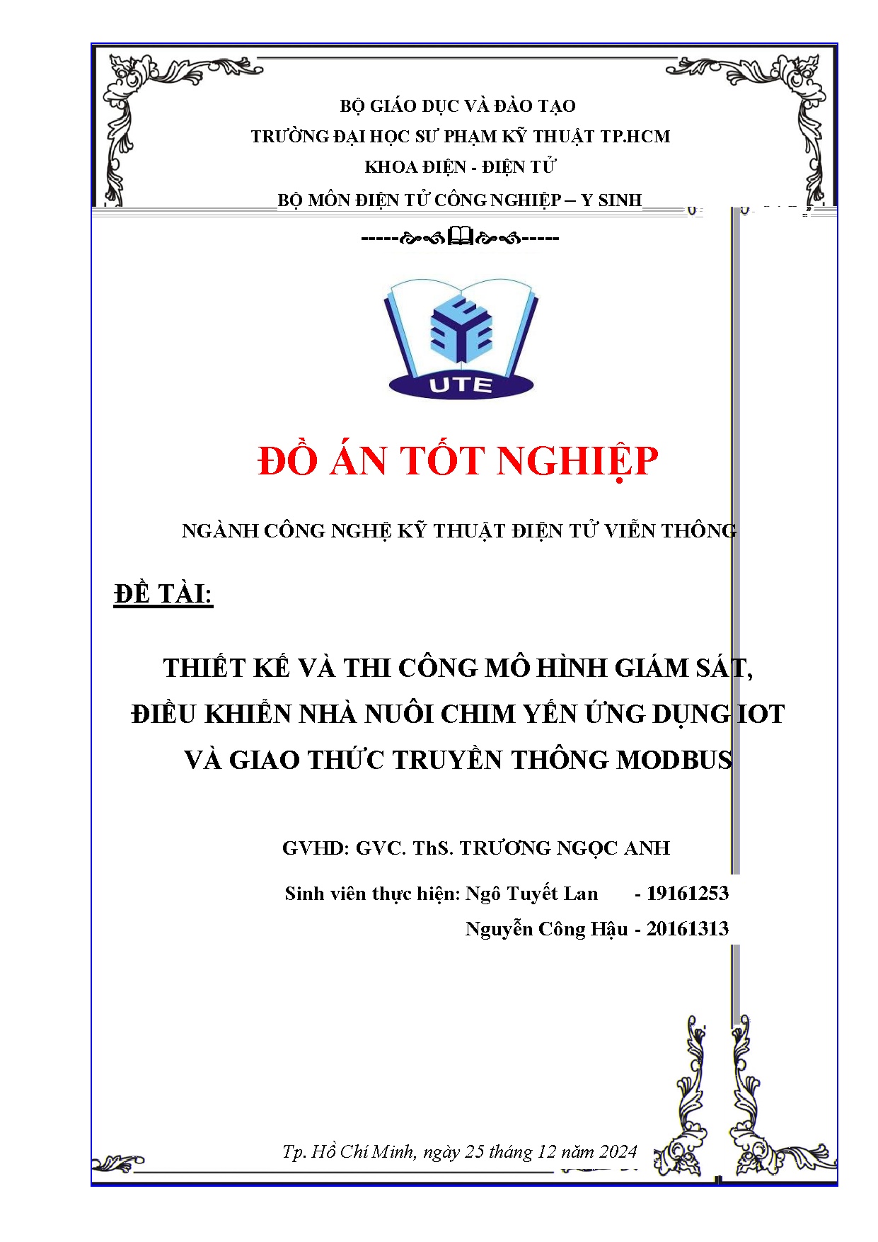Đồ án tốt nghiệp - Thiết kế và thi công Mô hình giám sát, điều khiển nhà nuôi chim yến ứng DIVGTTTM
