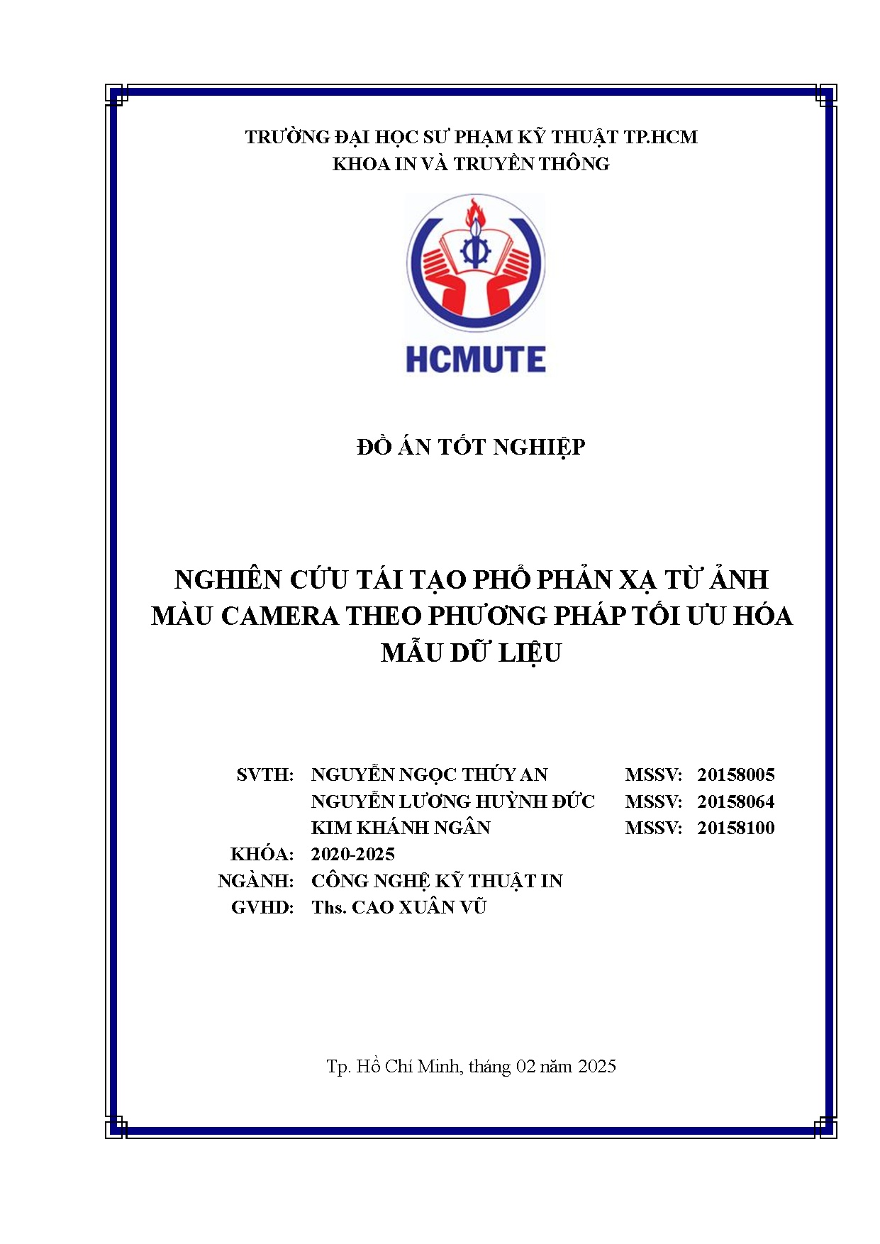 Đồ án tốt nghiệp - Nghiên cứu tái tạo phổ quan phản xạ từ ảnh màu camera theo phương pháp tối ƯHMDL