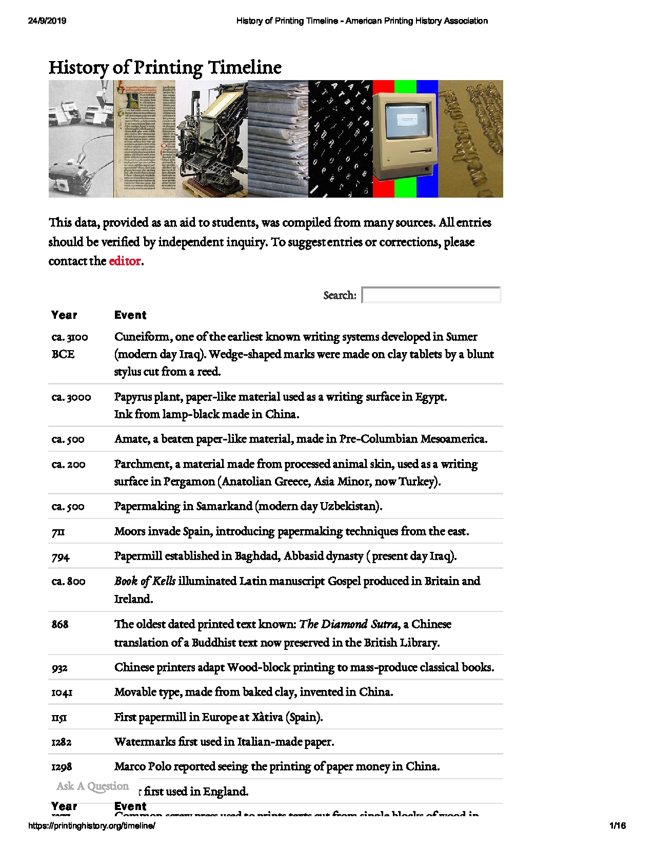 History of Printing Timeline - American Printing History Association