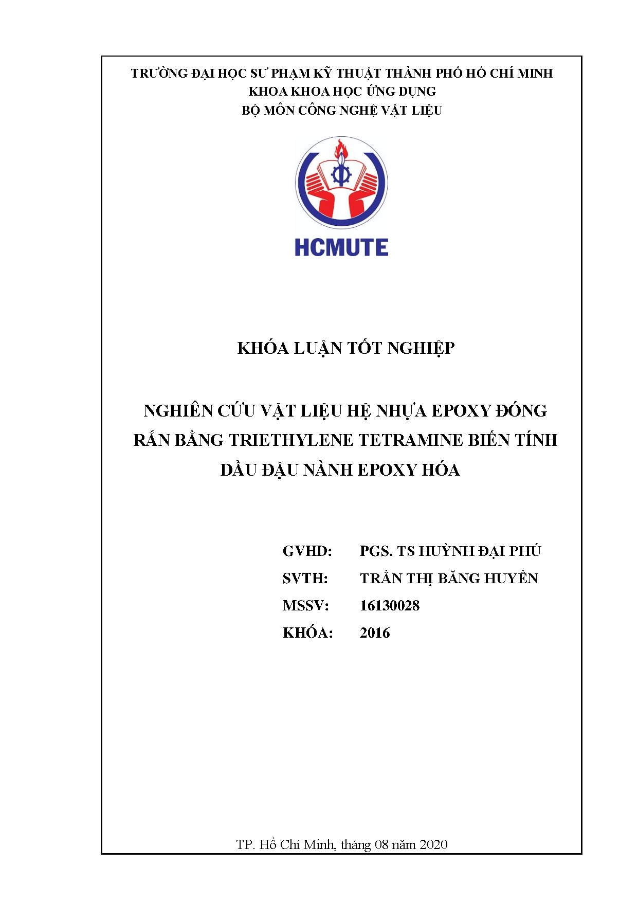 Đồ án tốt nghiệp - Nghiên cứu vật liệu nhựa Epoxy đóng rắn bằng Triethylene Tetramine biến TDĐNEH