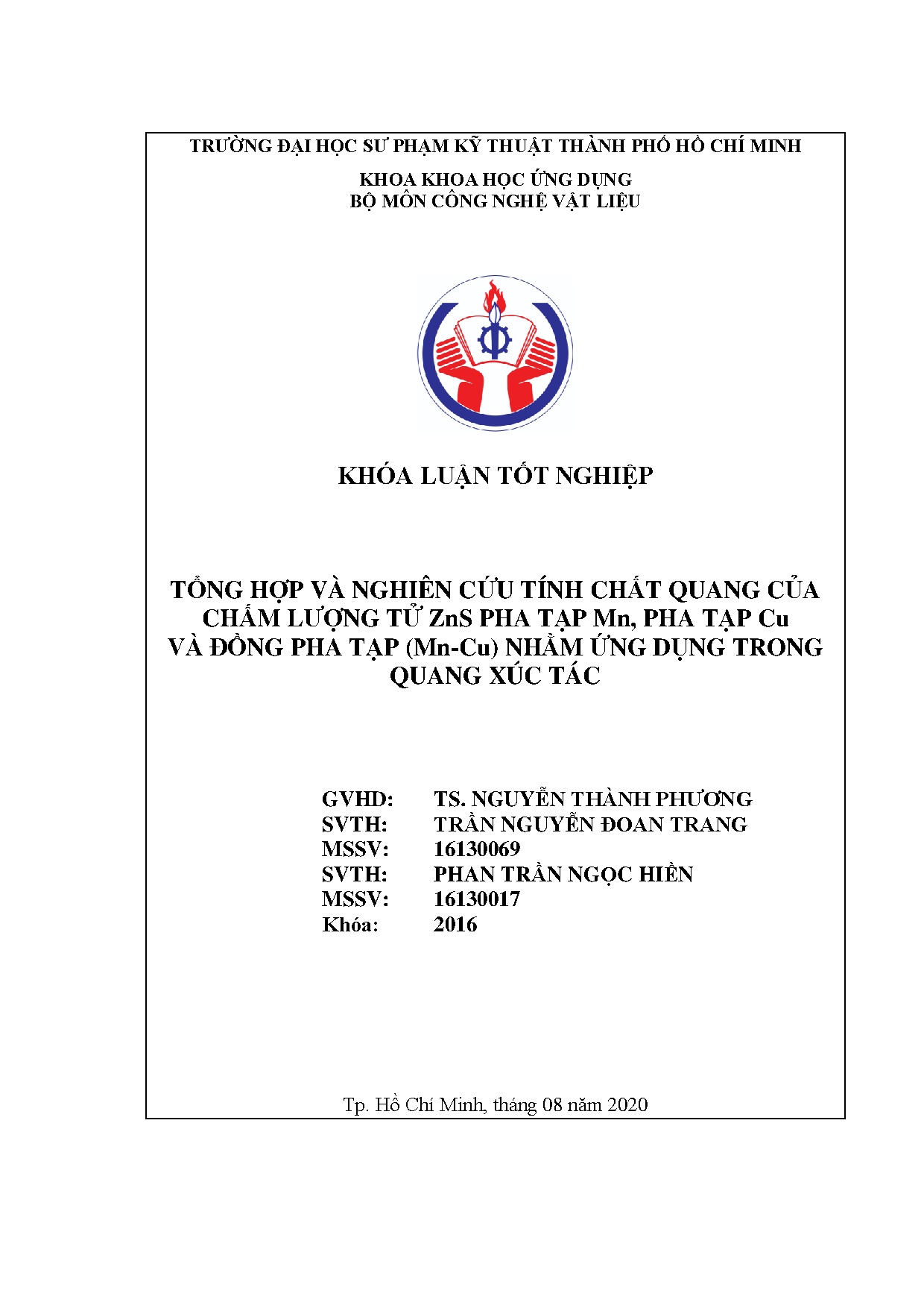Đồ án tốt nghiệp - Tổng hợp và nghiên cứu tính chất quang của chấm lượng tử ZnS pha TMPTCVĐPT ( N .
