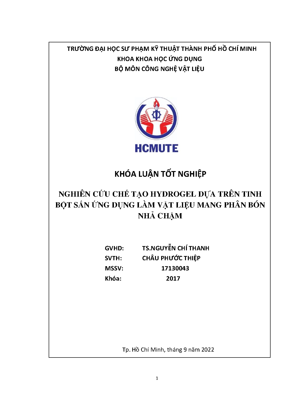 Đồ án tốt nghiệp - Nghiên cứu chế tạo Hydrogel dựa trên tinh bột sắn ứng dụng làm vật liệu mang PBNC