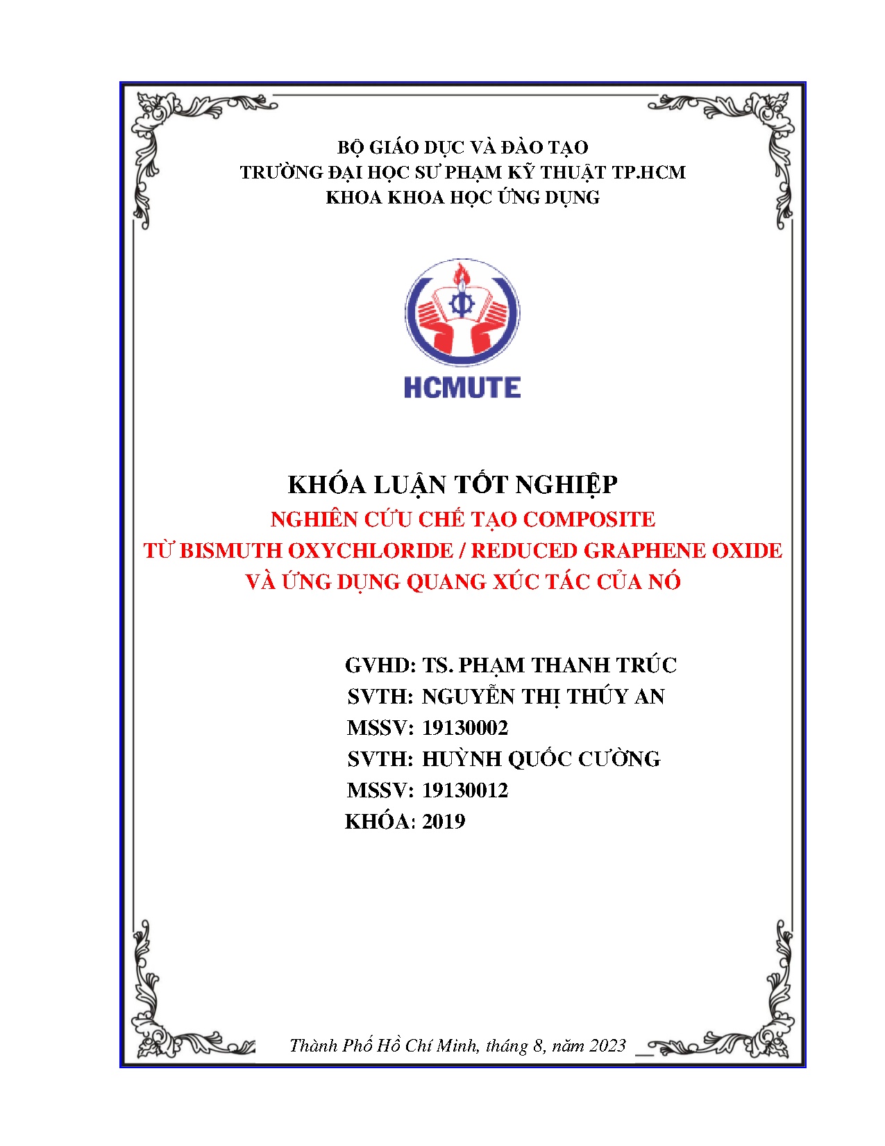 Đồ án tốt nghiệp - Nghiên cứu chế tạo composite từ Bismuth oxychloride/ Reduced graphene OVỨDQXTCN