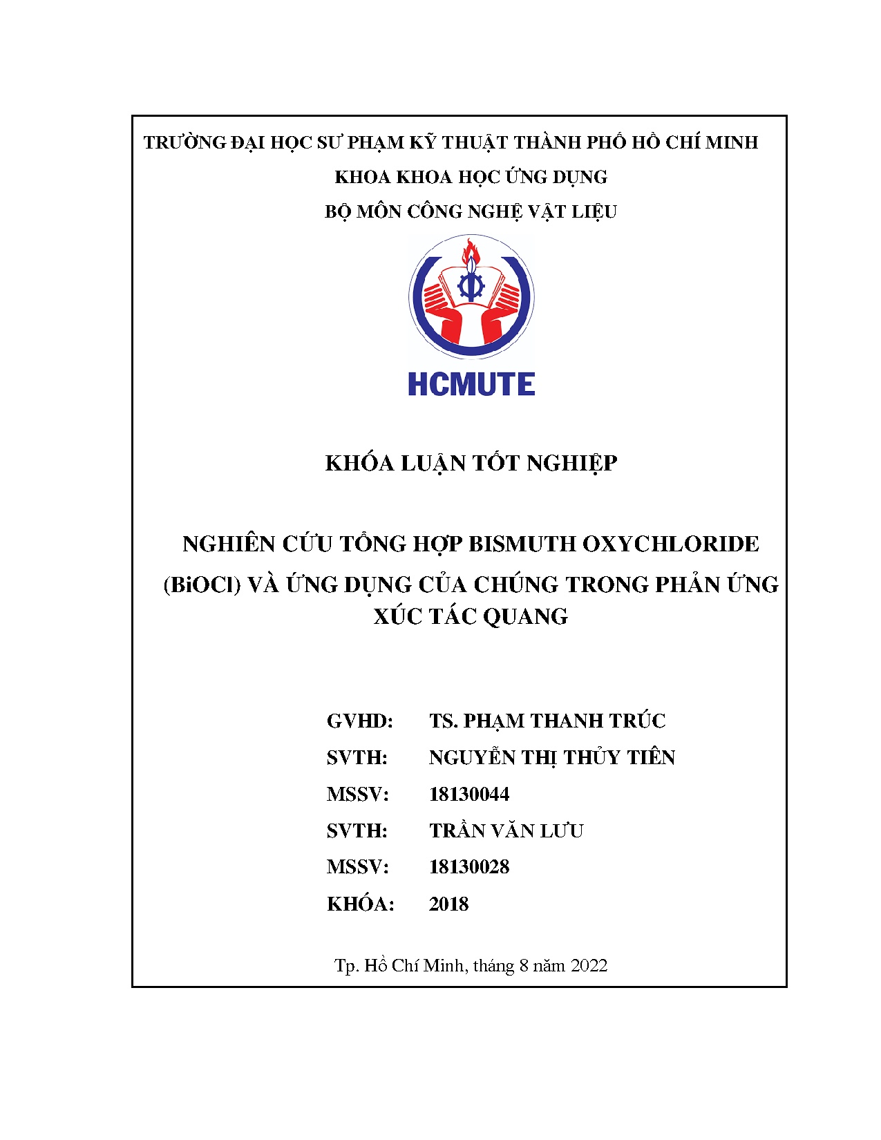 Đồ án tốt nghiệp - Nghiên cứu tổng hợp Bismuth Oxychloride (BiOCI) và ứng dụng của chúng trong PỨXTQ