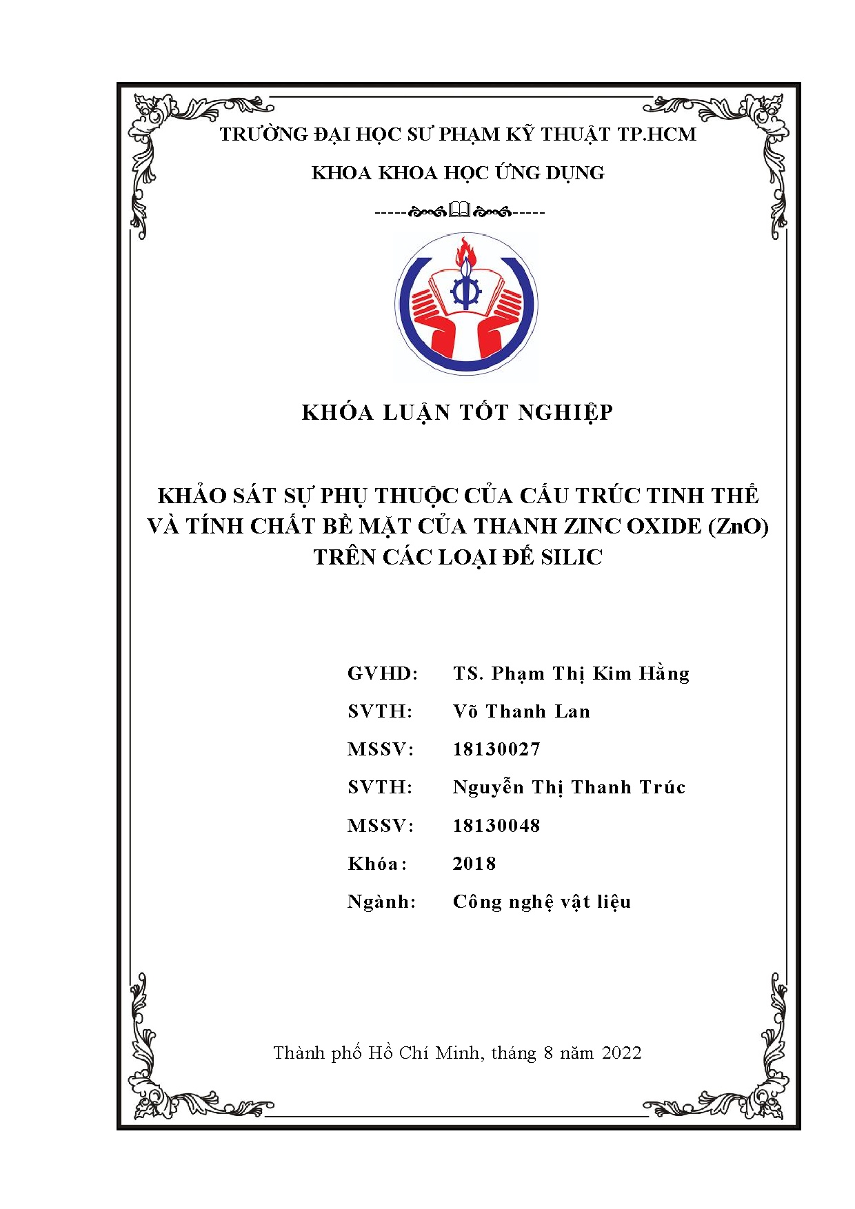 Đồ án tốt nghiệp - Khảo sát sự phụ thuộc của cấu trúc tinh thể và tính chất bề mặt của TZO ( TCLĐS