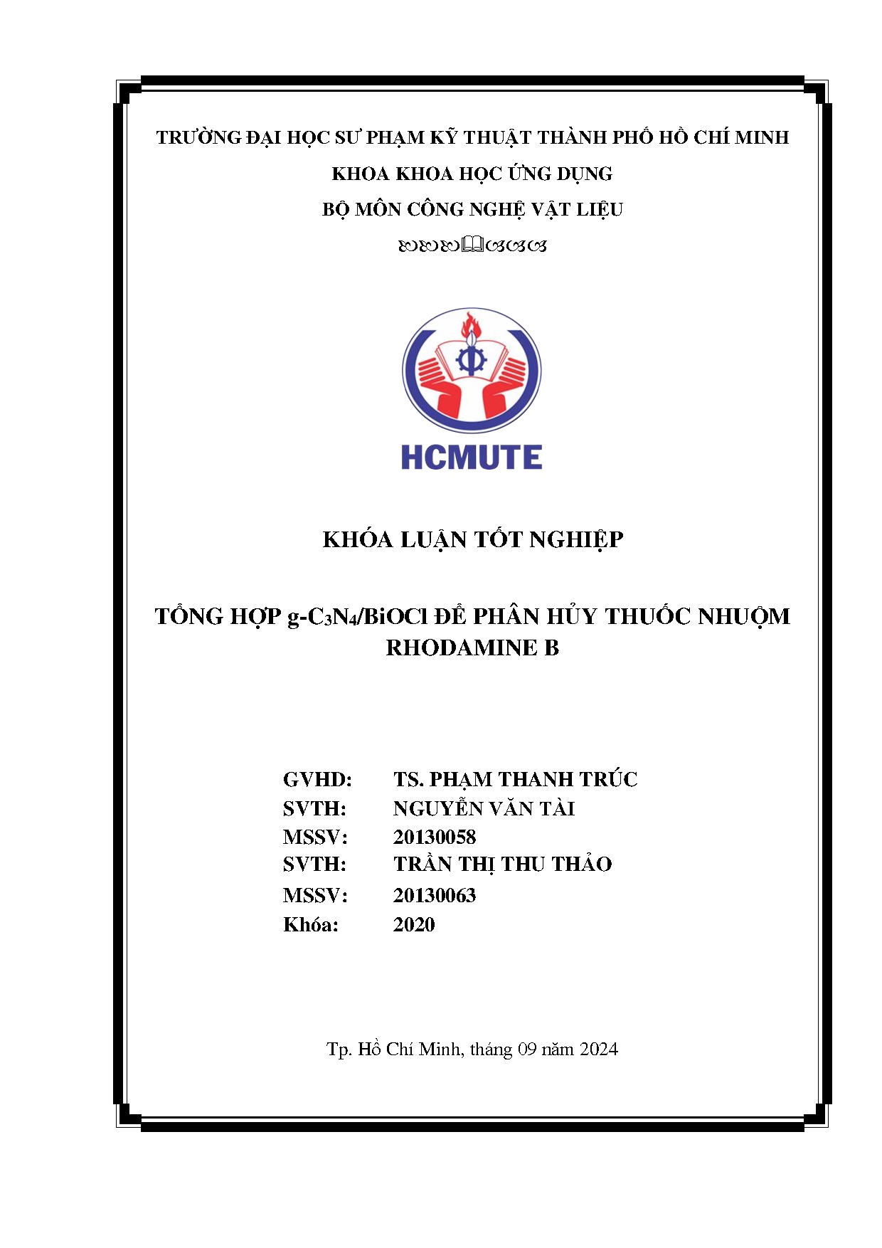 Đồ án tốt nghiệp - Tổng hợp g-C₃N₄/BiOCl để phân hủy thuốc nhuộm Rhodamine B