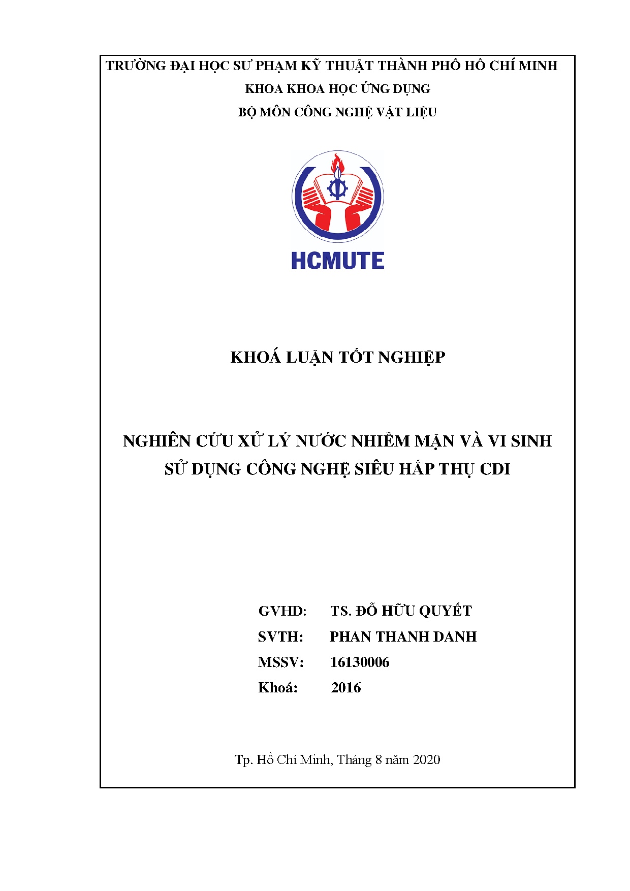 Đồ án tốt nghiệp - Nghiên cứu xử lí nước nhiễm mặn và vi sinh sử dụng công nghệ siêu hấp thụ CDI