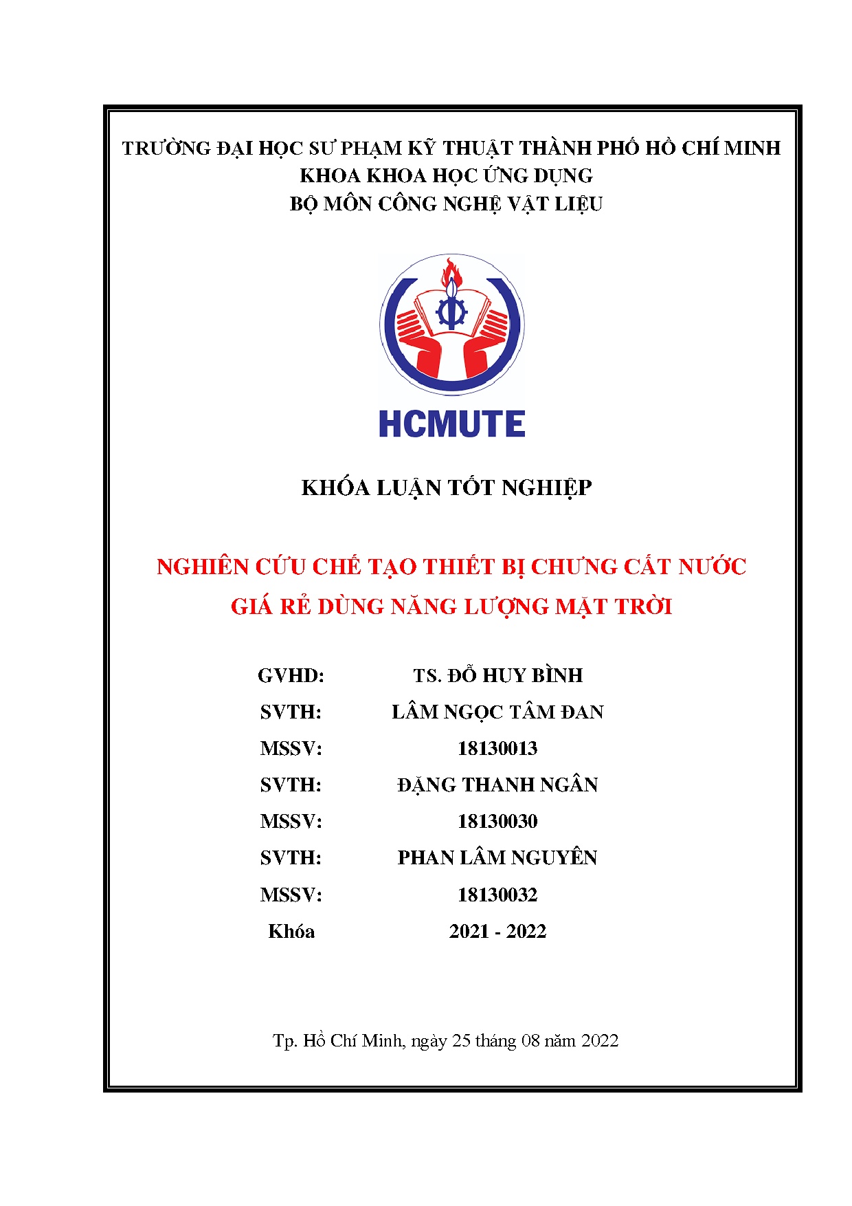 Đồ án tốt nghiệp - Nghiên cứu chế tạo thiết bị chưng cất nước giá rẻ dùng năng lượng mặt trời