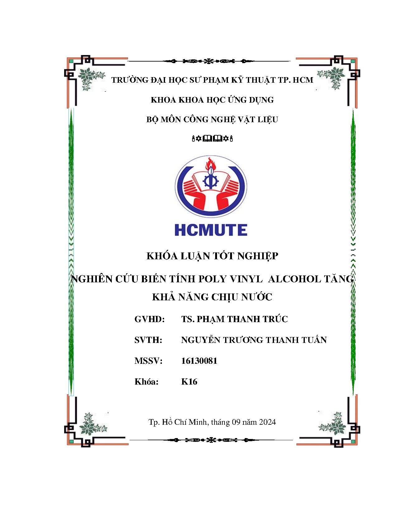 Đồ án tốt nghiệp - Nghiên cứu biến tính Poly Vinyl Alcohol tăng khả năng chịu nước