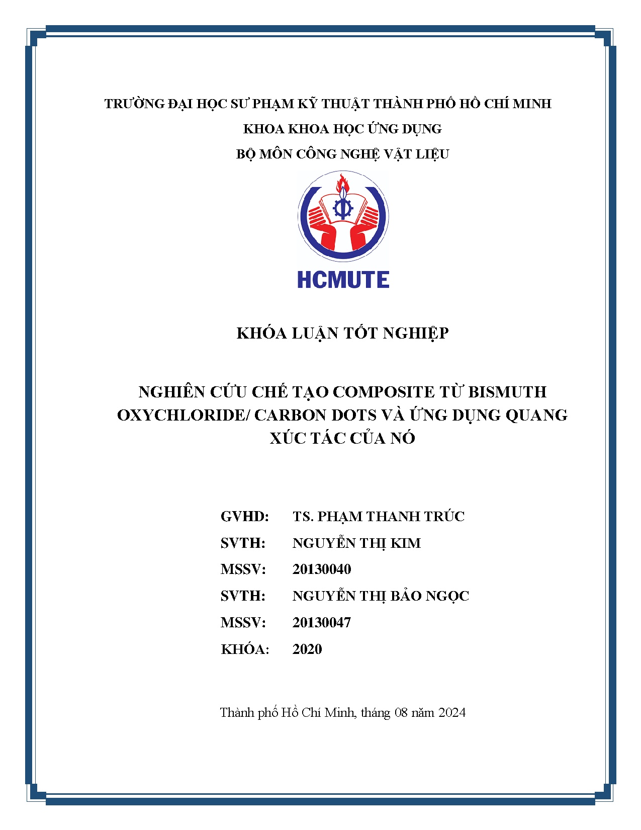 Đồ án tốt nghiệp - Nghiên cứu chế tạo composite từ Bismuth Oxychloride/ Carbon Dots và ứng DQXTCN