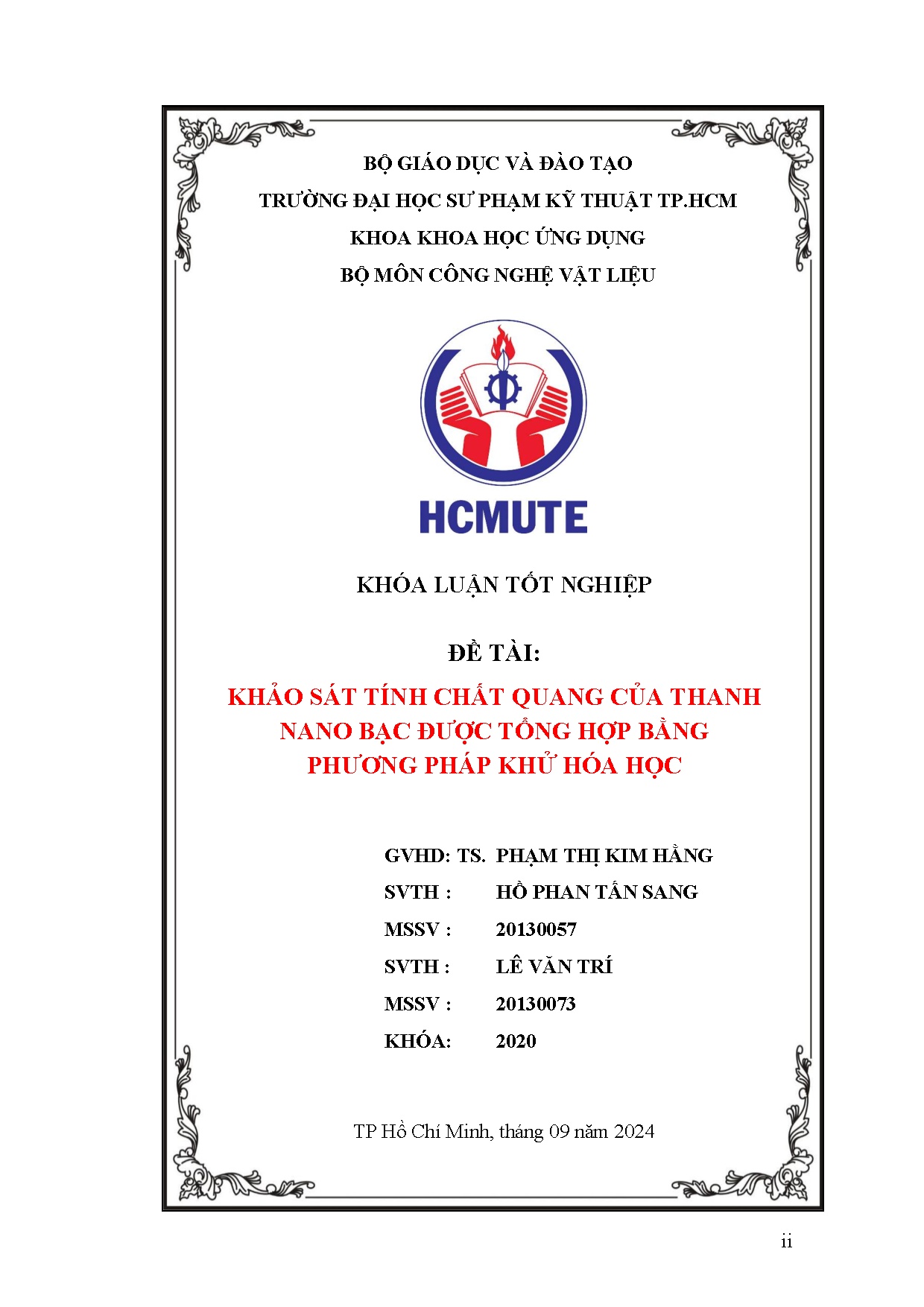 Đồ án tốt nghiệp - Khảo sát tính chất quang của thanh nano bạc được tổng hợp bằng phương pháp khử HH