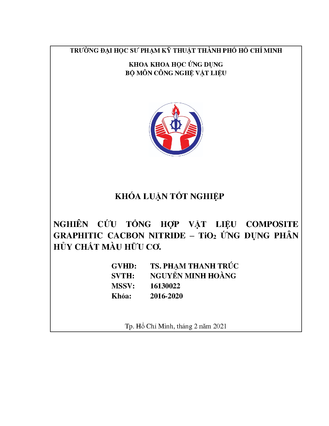 Đồ án tốt nghiệp - Nghiên cứu tổng hợp vật liệu composite graphitic cacbon nitride - TiO2 ỨDPHCMHC