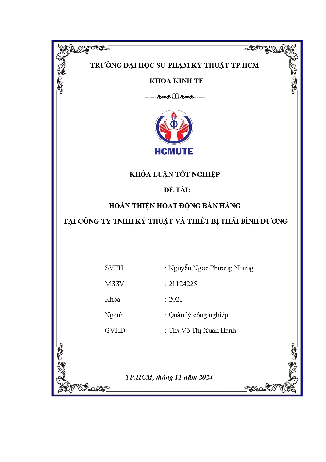 Đồ án tốt nghiệp - Hoàn thiện hoạt động bán hàng tại công ty TNHH kỹ thuật và thiết bị Thái Bình D